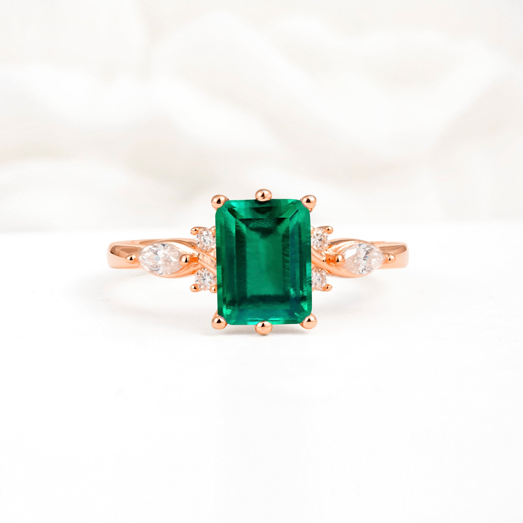 Classic Emerald Cut Leaf Side Accent Emerald Engagement Ring - Additional view