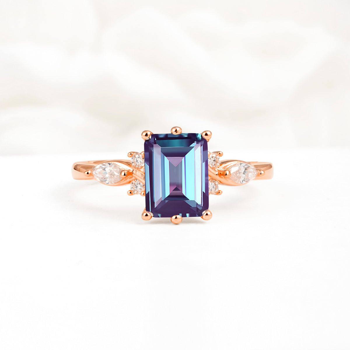 Classic Emerald Cut Leaf Side Accent Alexandrite Engagement Ring - Additional view