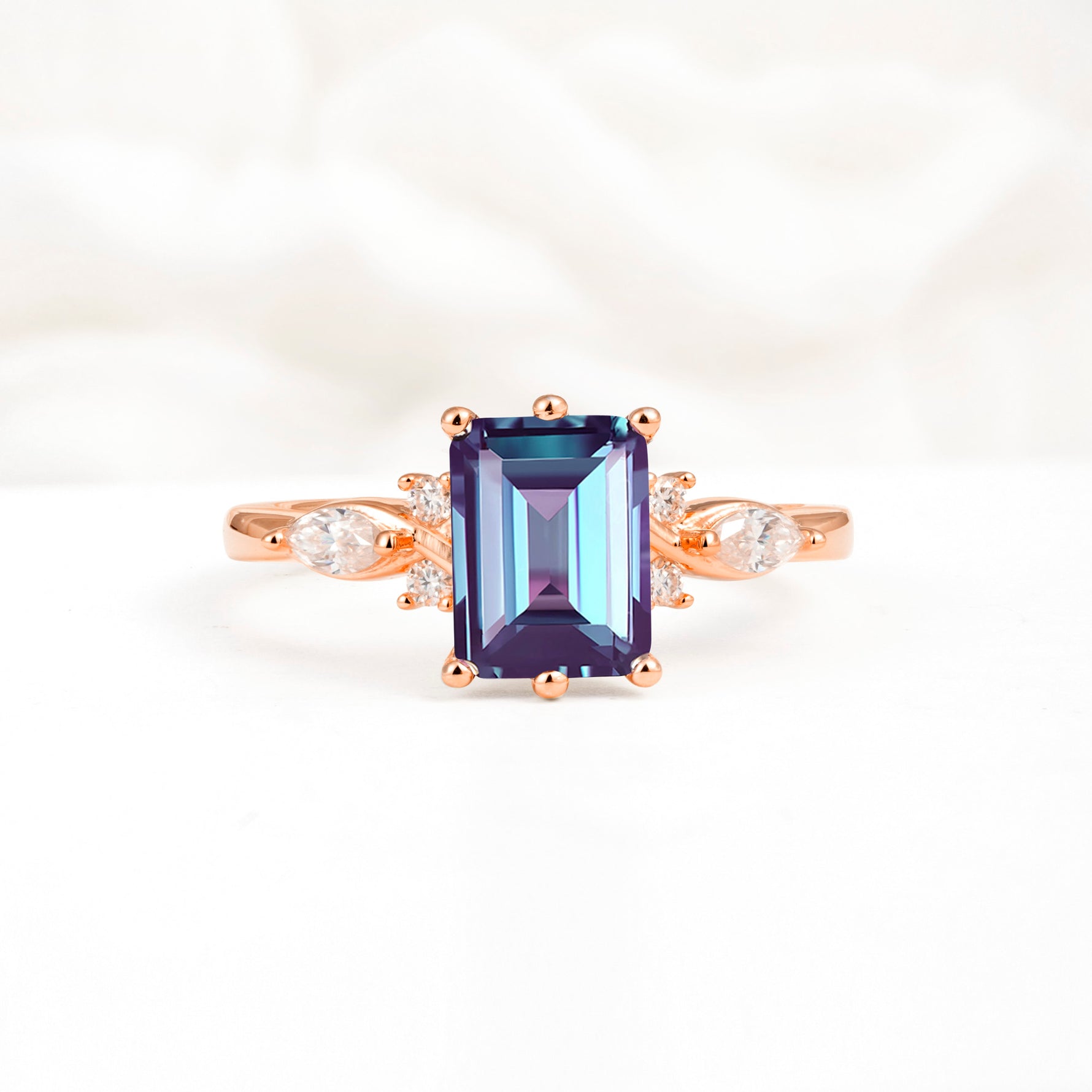 Classic Emerald Cut Leaf Side Accent Alexandrite Engagement Ring - Additional view