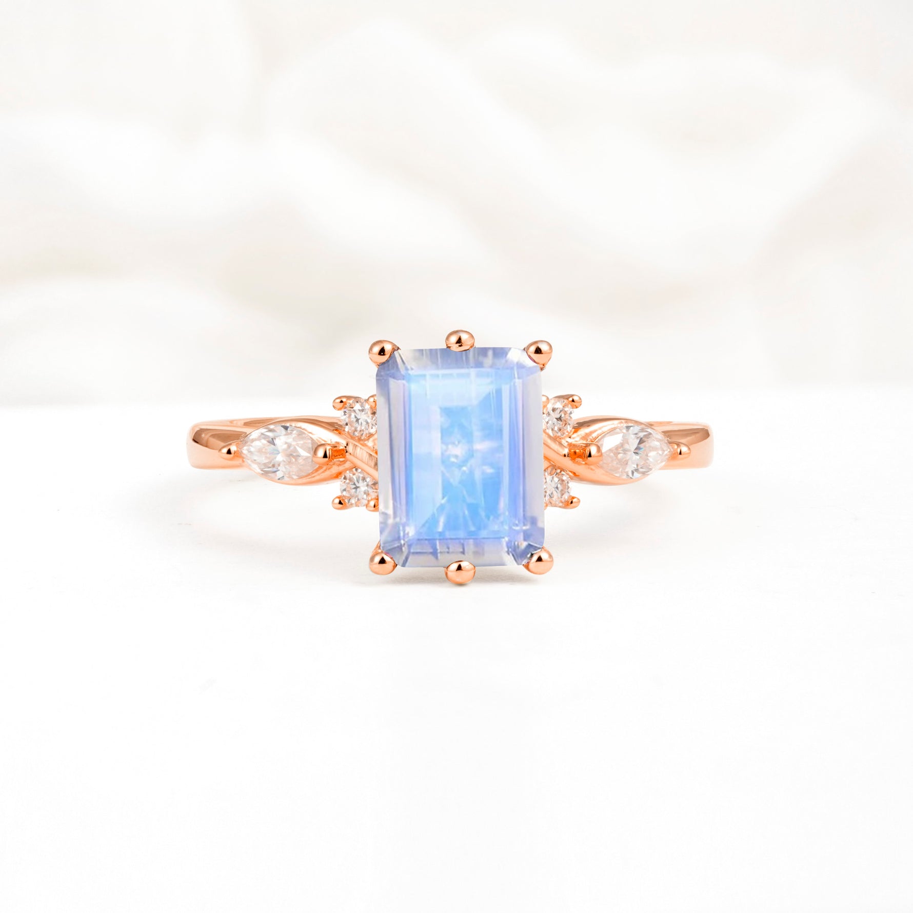 Classic Emerald Cut Leaf Side Accent Moonstone Engagement Ring - Additional view