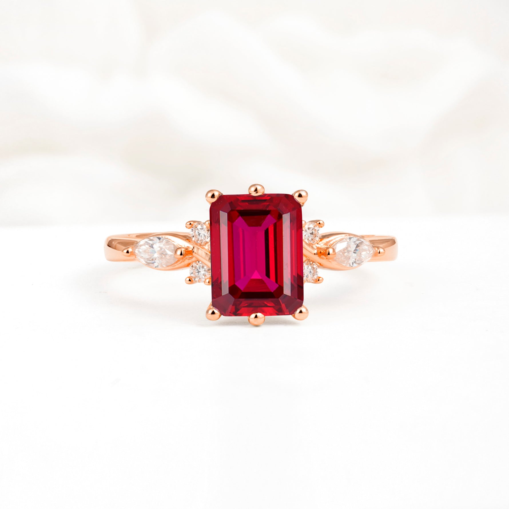 Classic Emerald Cut Leaf Side Accent Ruby Engagement Ring - Additional view