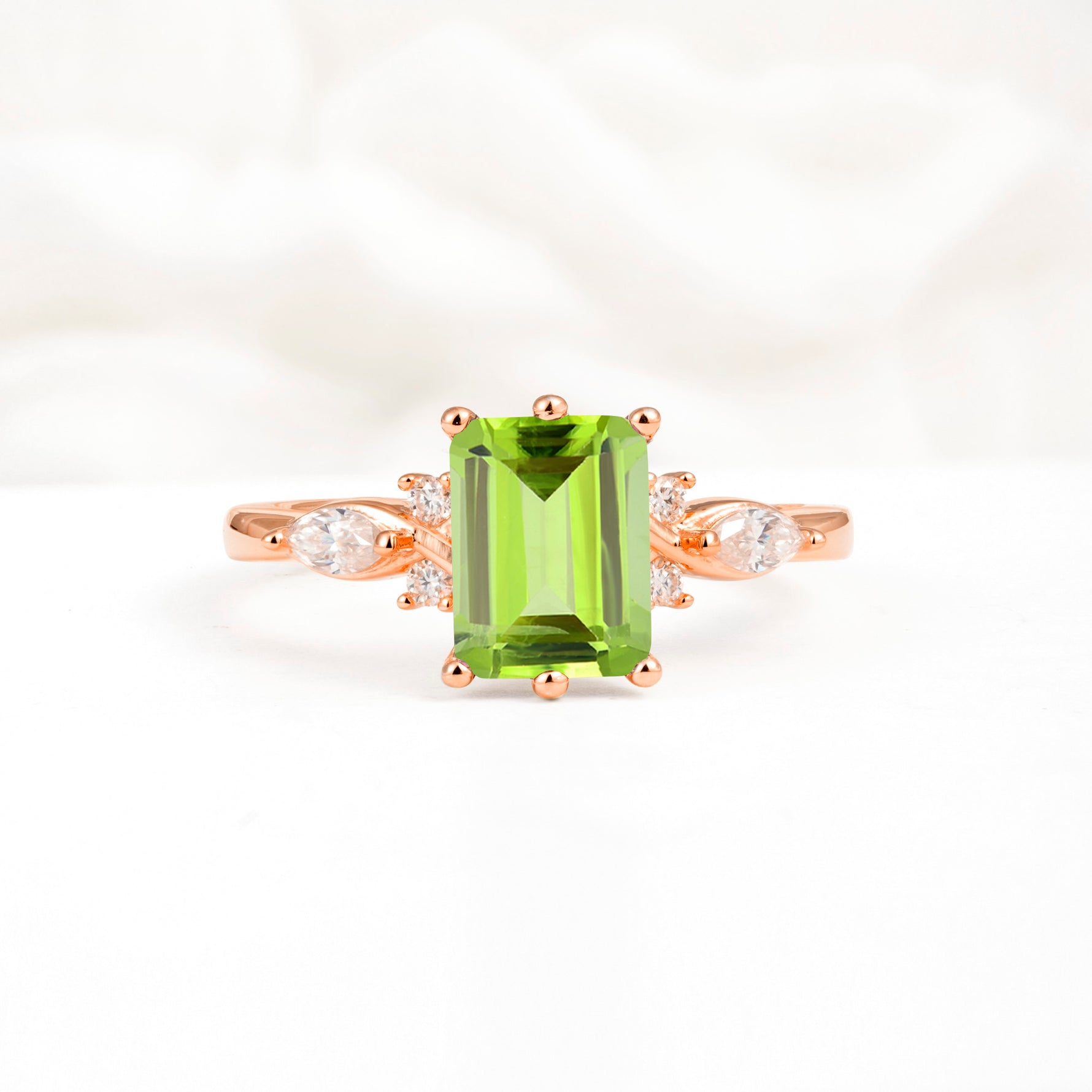 Classic Emerald Cut Leaf Side Accent Peridot Engagement Ring - Additional view