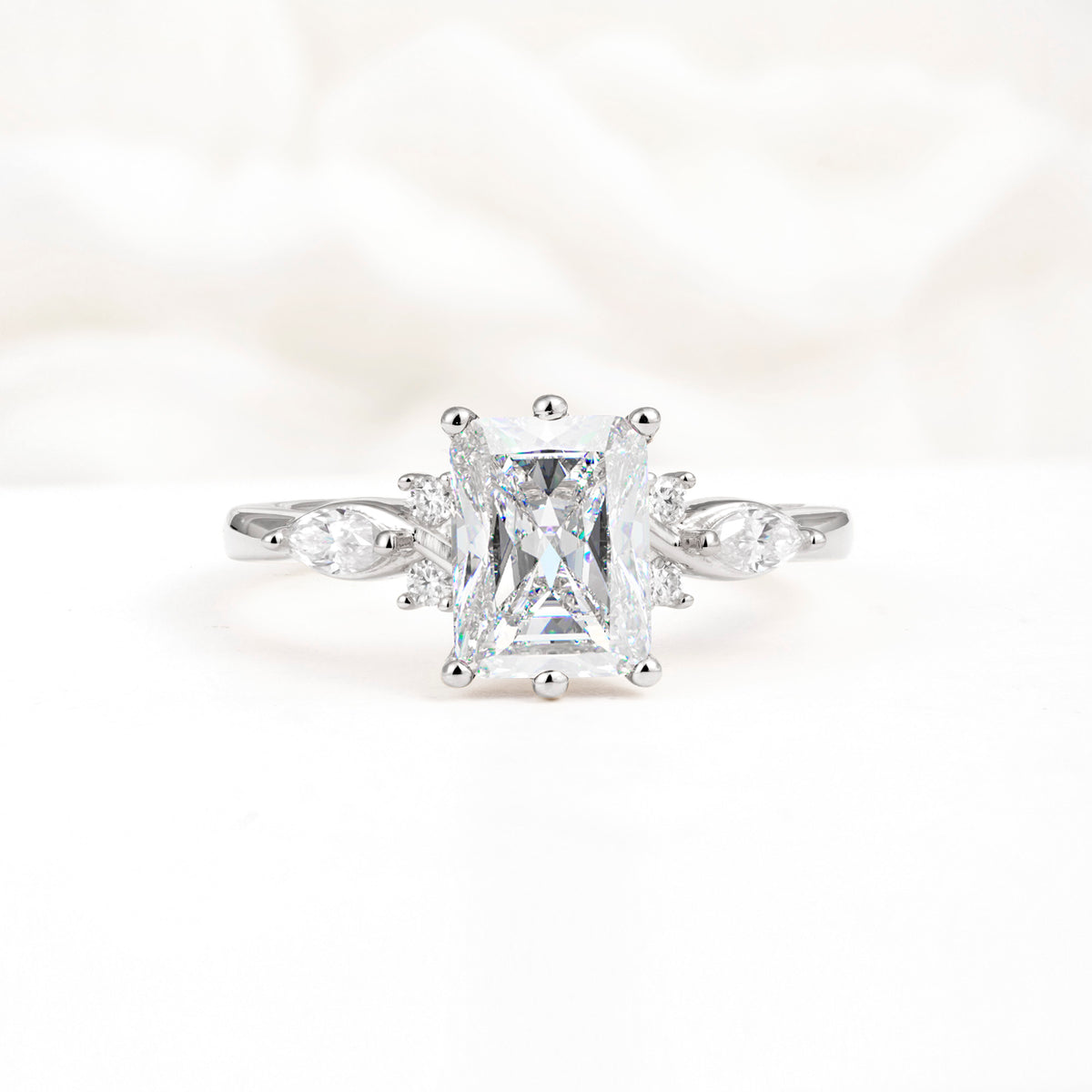Classic Emerald Cut Leaf Side Accent Moissanite Engagement Ring - Additional view