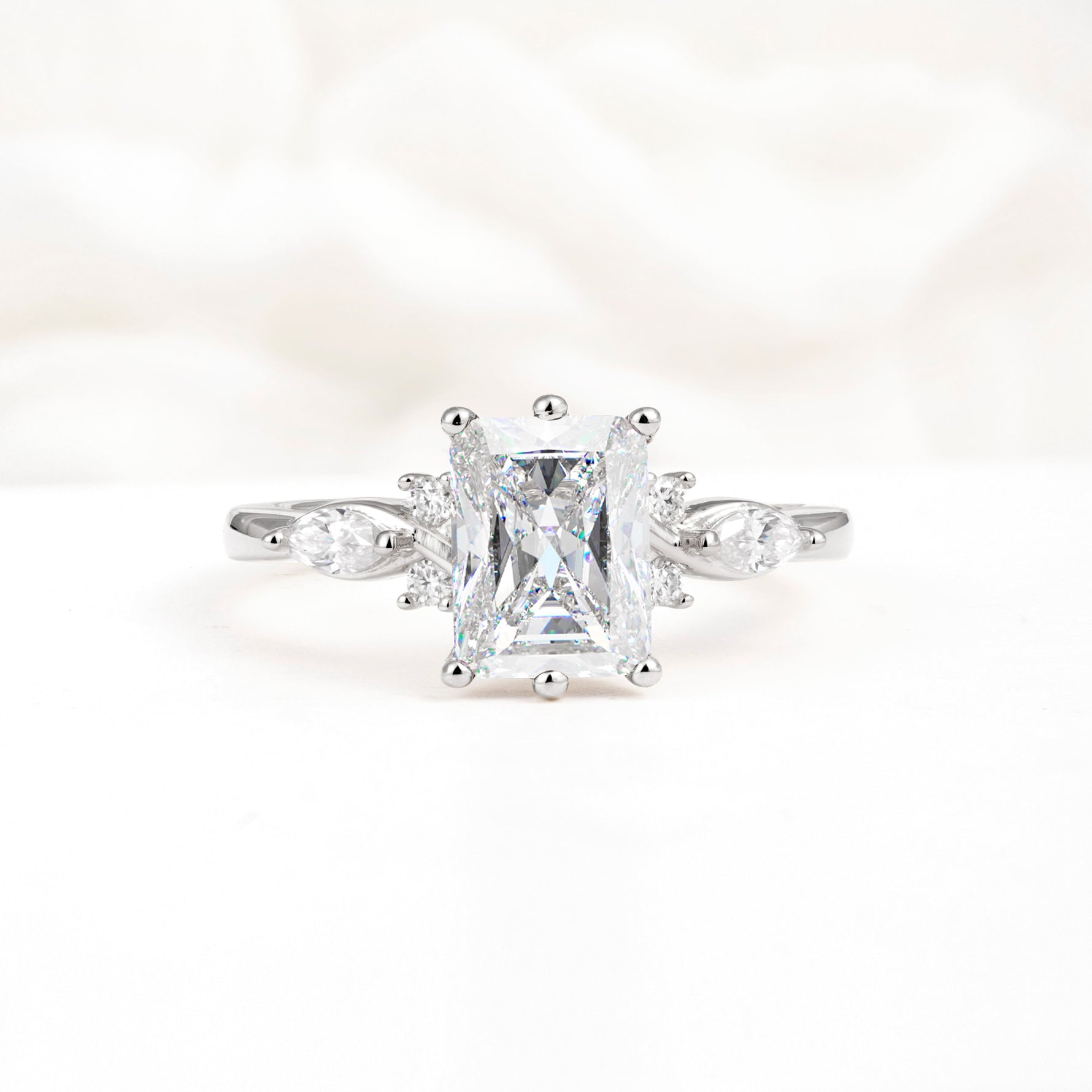 Classic Emerald Cut Leaf Side Accent Moissanite Engagement Ring - Additional view