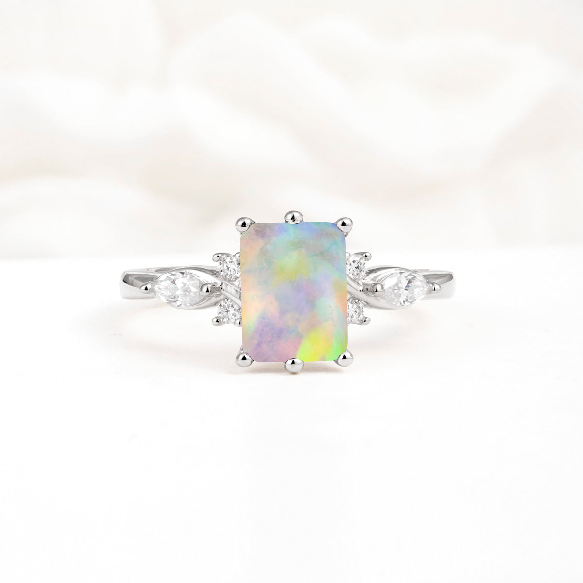 Classic Emerald Cut Leaf Side Accent Fire Opal Engagement Ring - Additional view