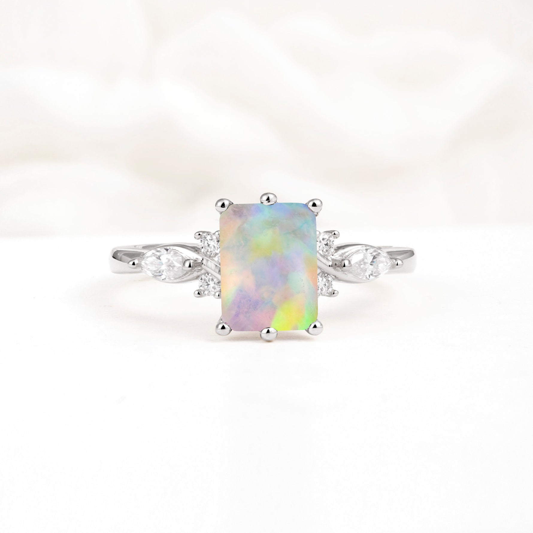 Classic Emerald Cut Leaf Side Accent Fire Opal Engagement Ring - Additional view