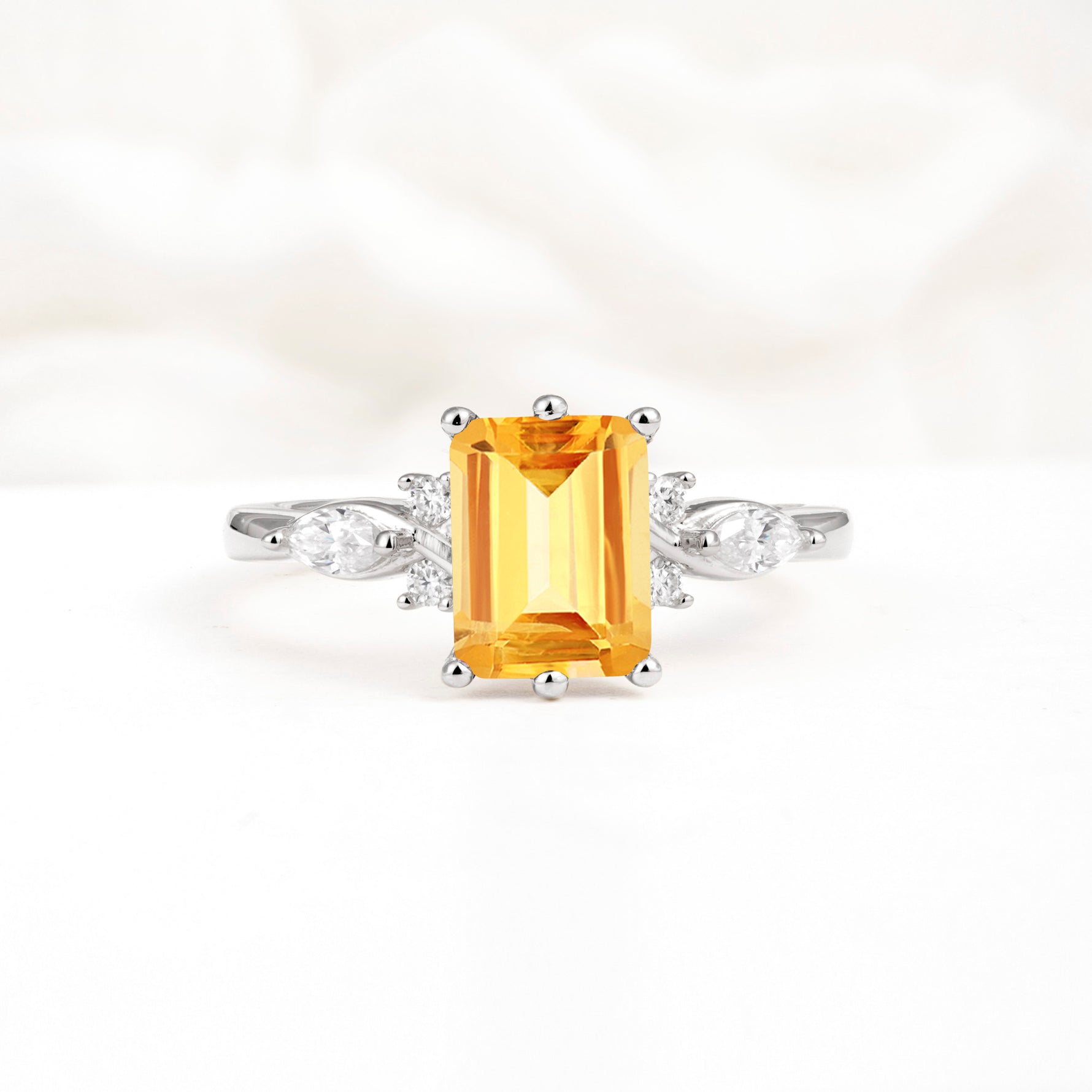 Classic Emerald Cut Leaf Side Accent Citrine Engagement Ring - Additional view