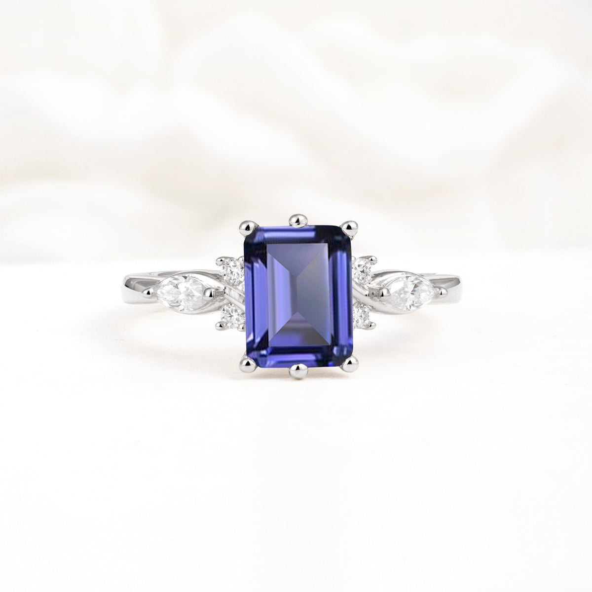Classic Emerald Cut Leaf Side Accent Tanzanite Engagement Ring - Additional view