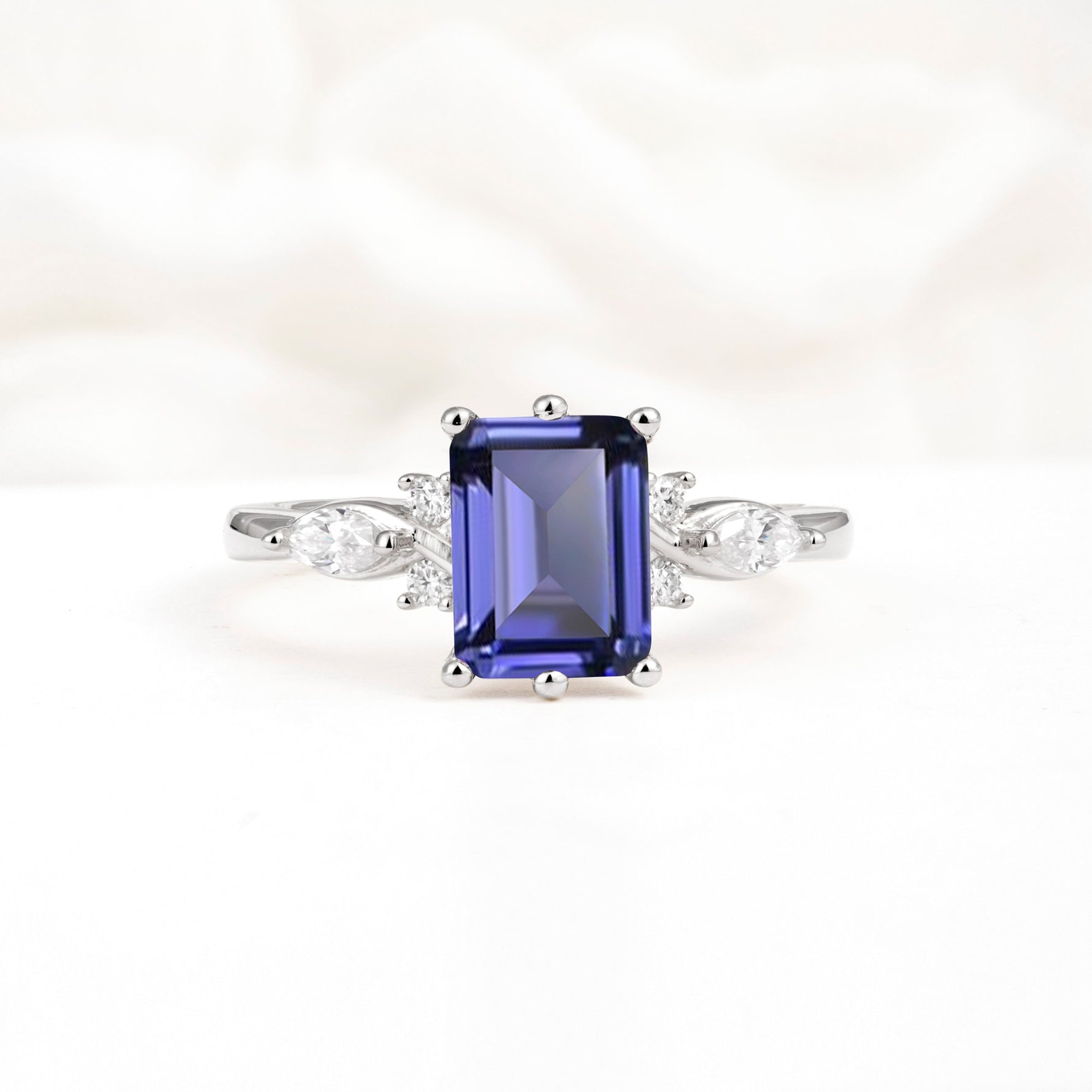 Classic Emerald Cut Leaf Side Accent Tanzanite Engagement Ring - Additional view