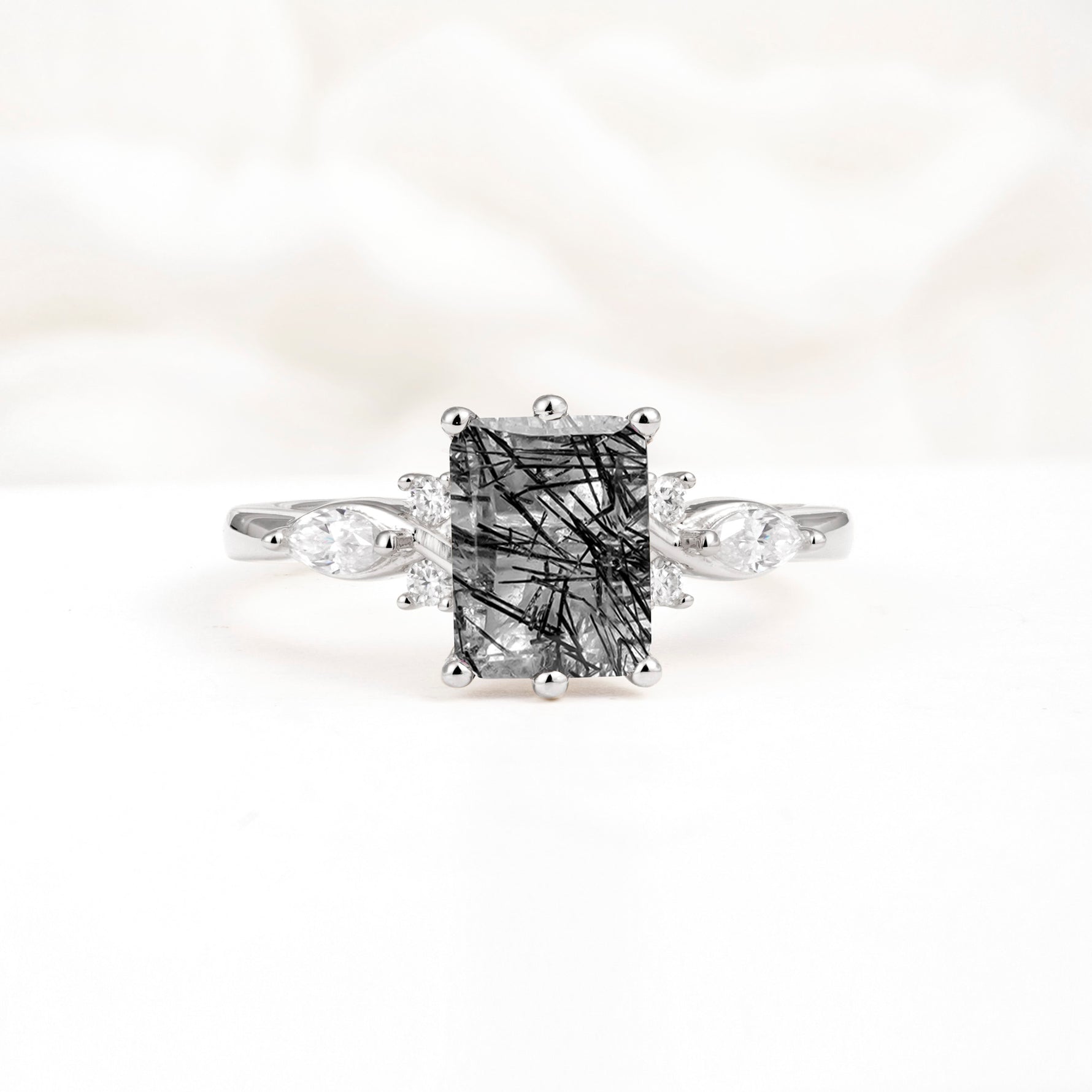 Classic Emerald Cut Leaf Side Accent Black Rutilated Quartz Engagement Ring - Additional view