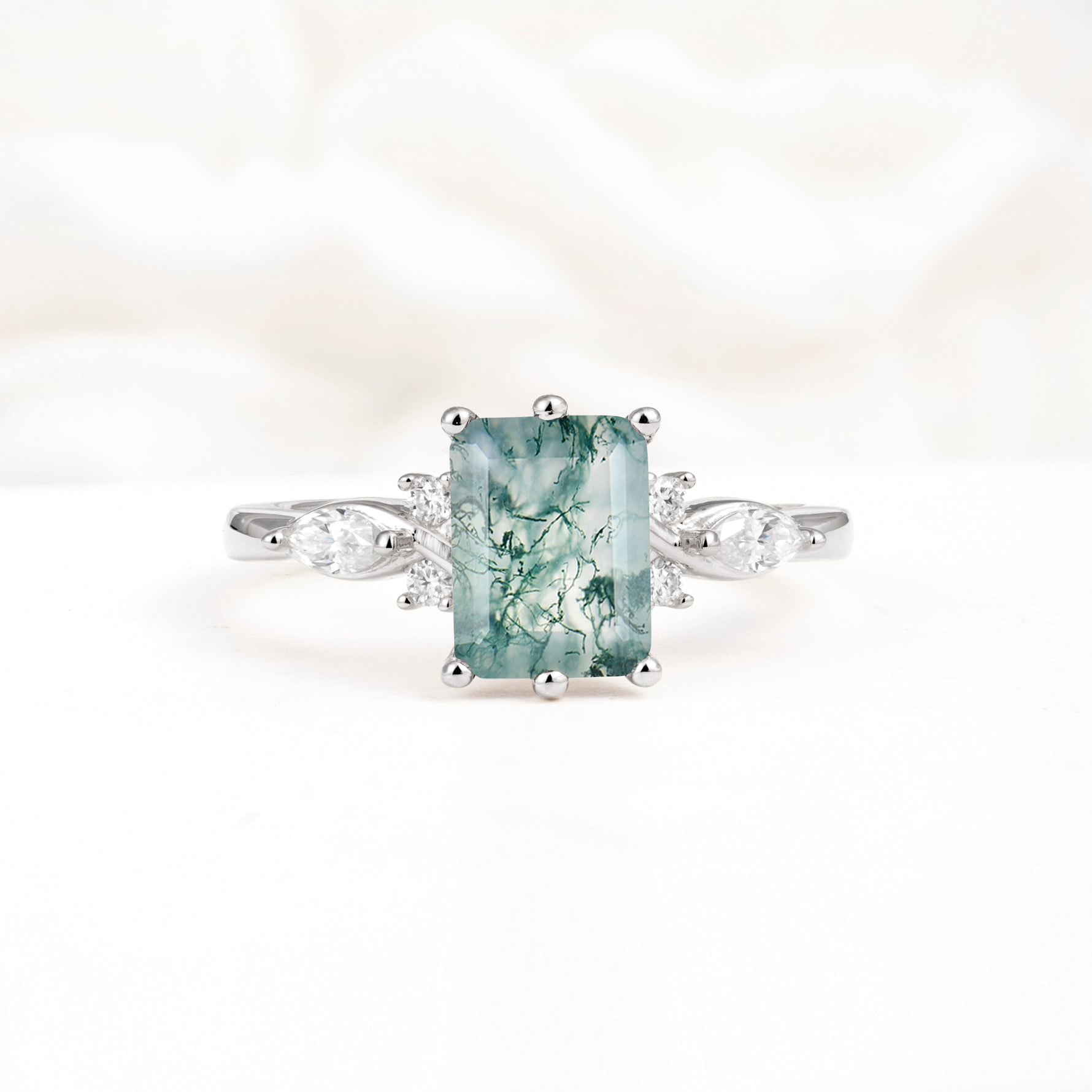 Classic Emerald Cut Leaf Side Accent Moss Agate Engagement Ring - Additional view
