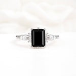 Classic Emerald Cut Leaf Side Accent Black Onyx Engagement Ring - Additional view