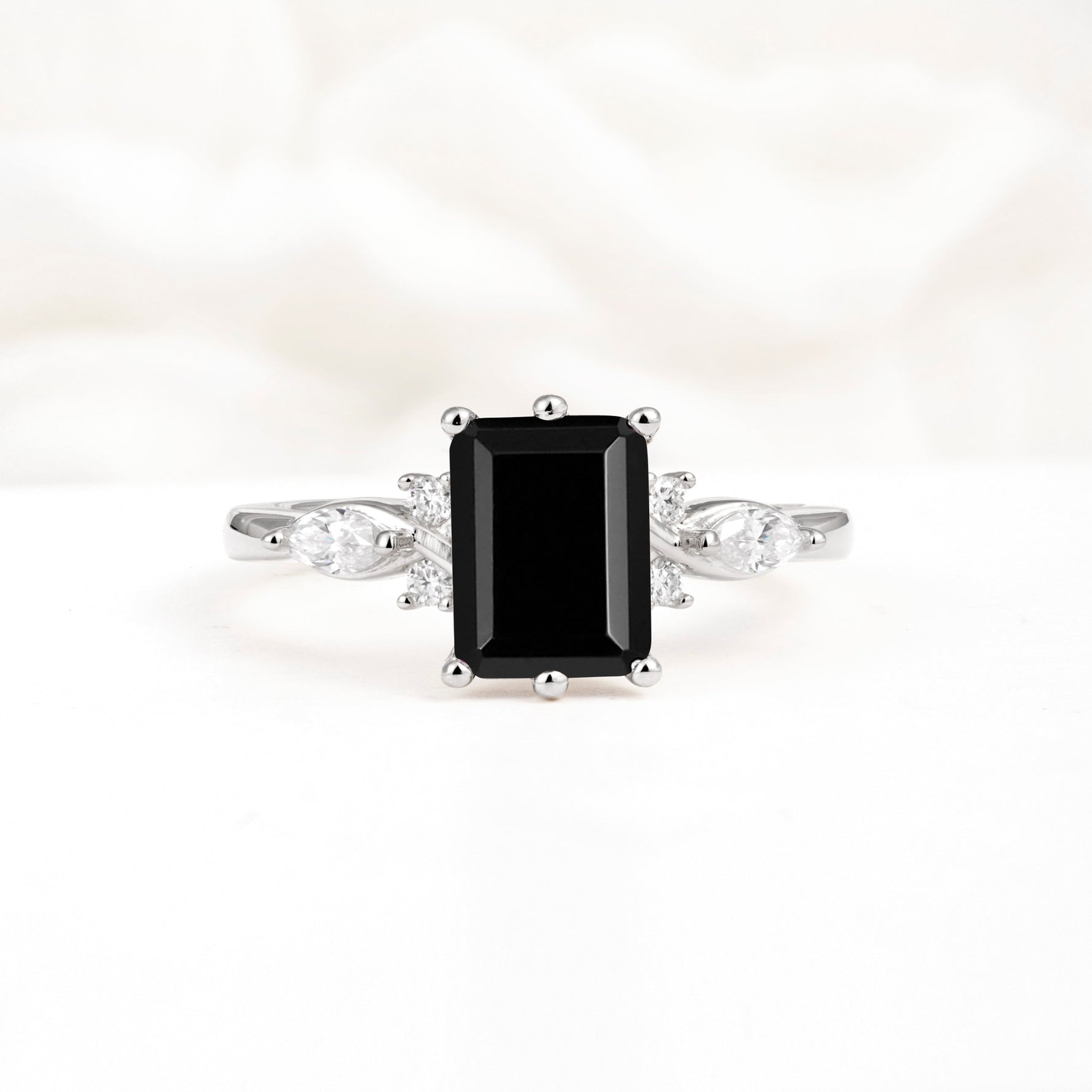 Classic Emerald Cut Leaf Side Accent Black Onyx Engagement Ring - Additional view