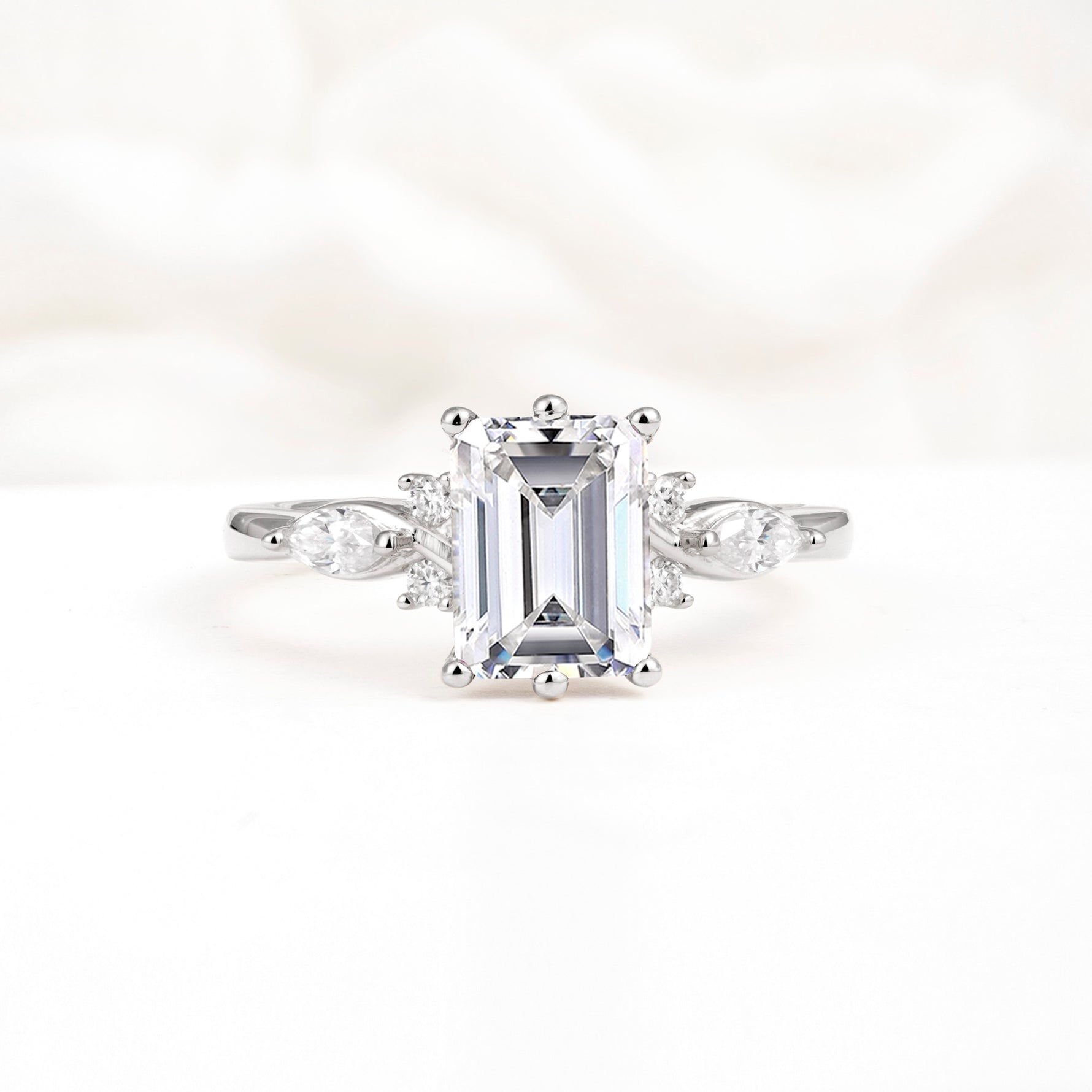 Classic Emerald Cut Leaf Side Accent Lab Diamond Engagement Ring - Additional view