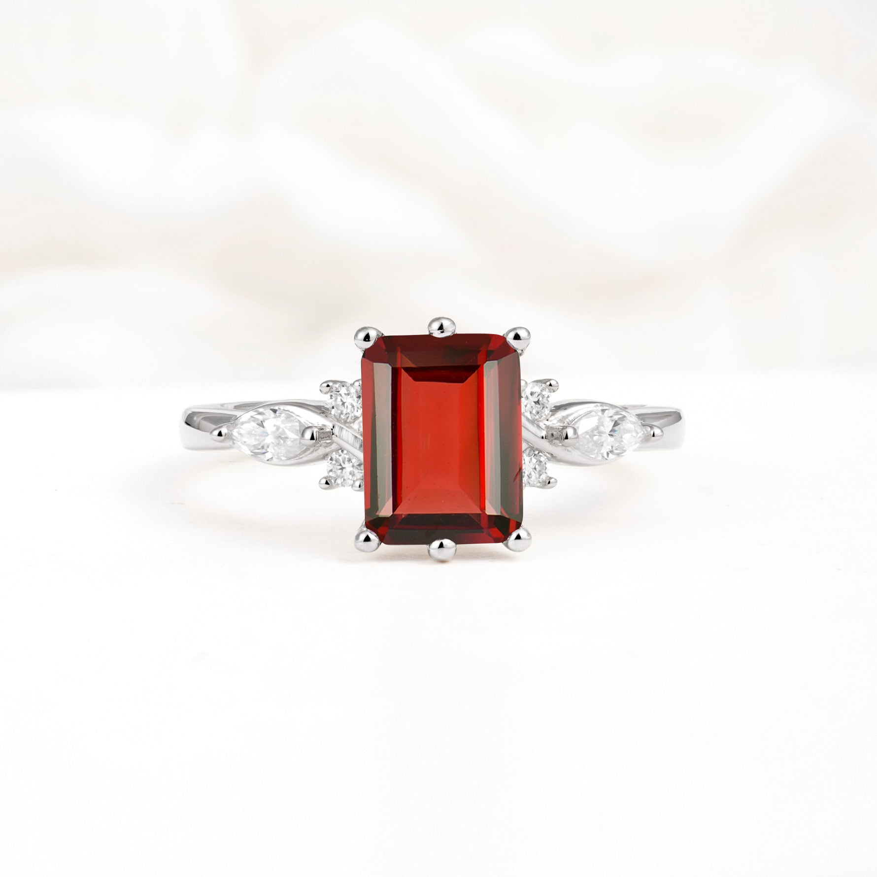 Classic Emerald Cut Leaf Side Accent Garnet Engagement Ring - Additional view