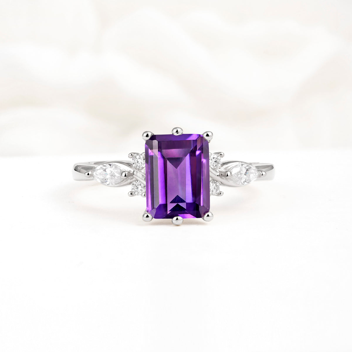 Classic Emerald Cut Leaf Side Accent Amethyst Engagement Ring - Additional view