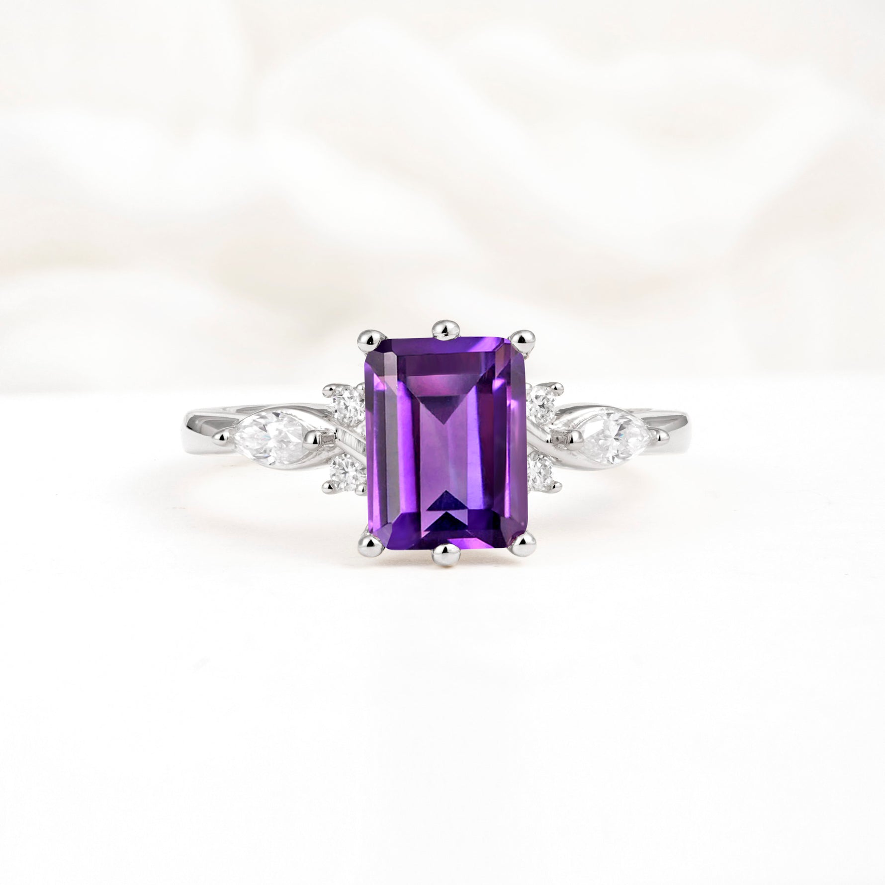 Classic Emerald Cut Leaf Side Accent Amethyst Engagement Ring - Additional view