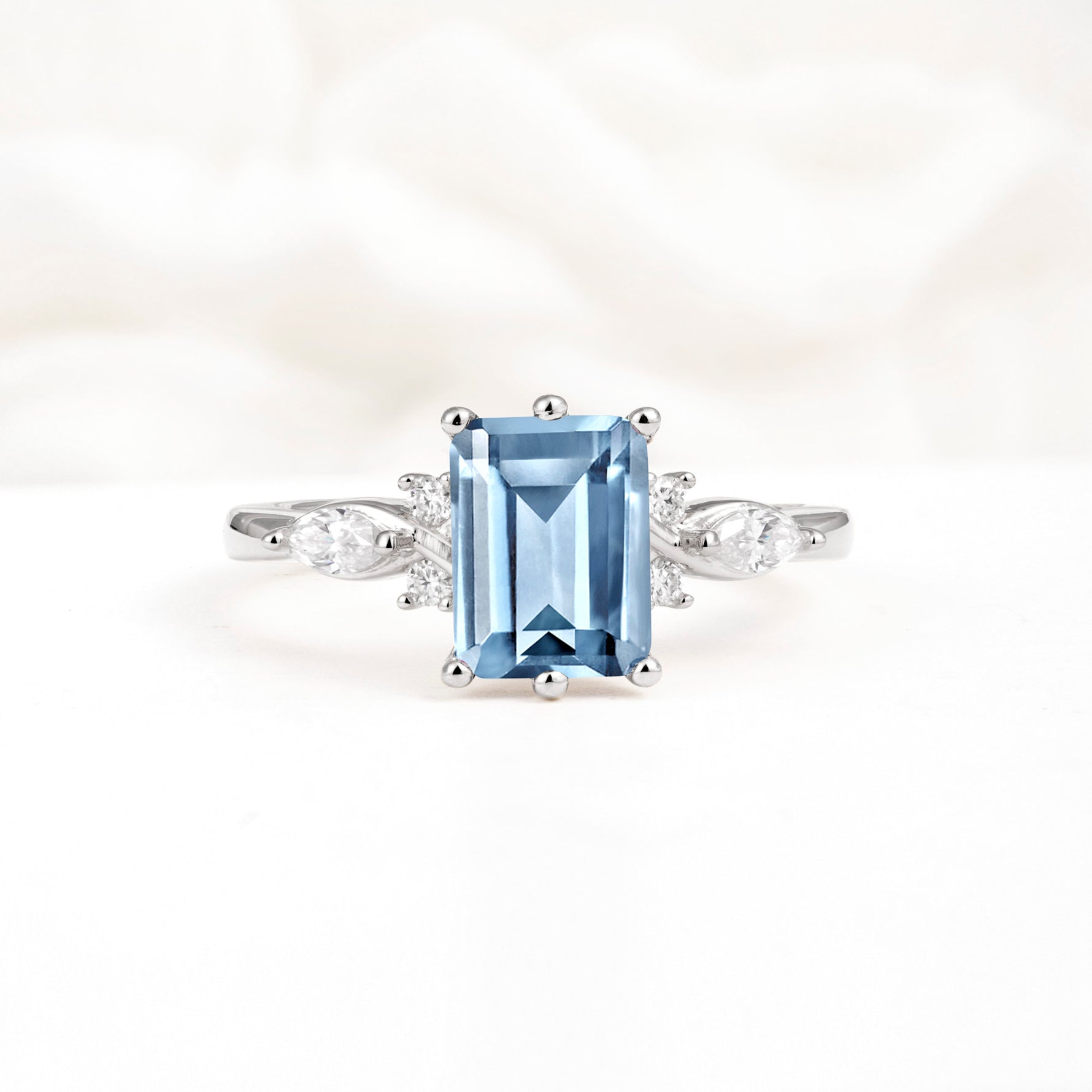 Classic Emerald Cut Leaf Side Accent Aquamarine Engagement Ring - Additional view
