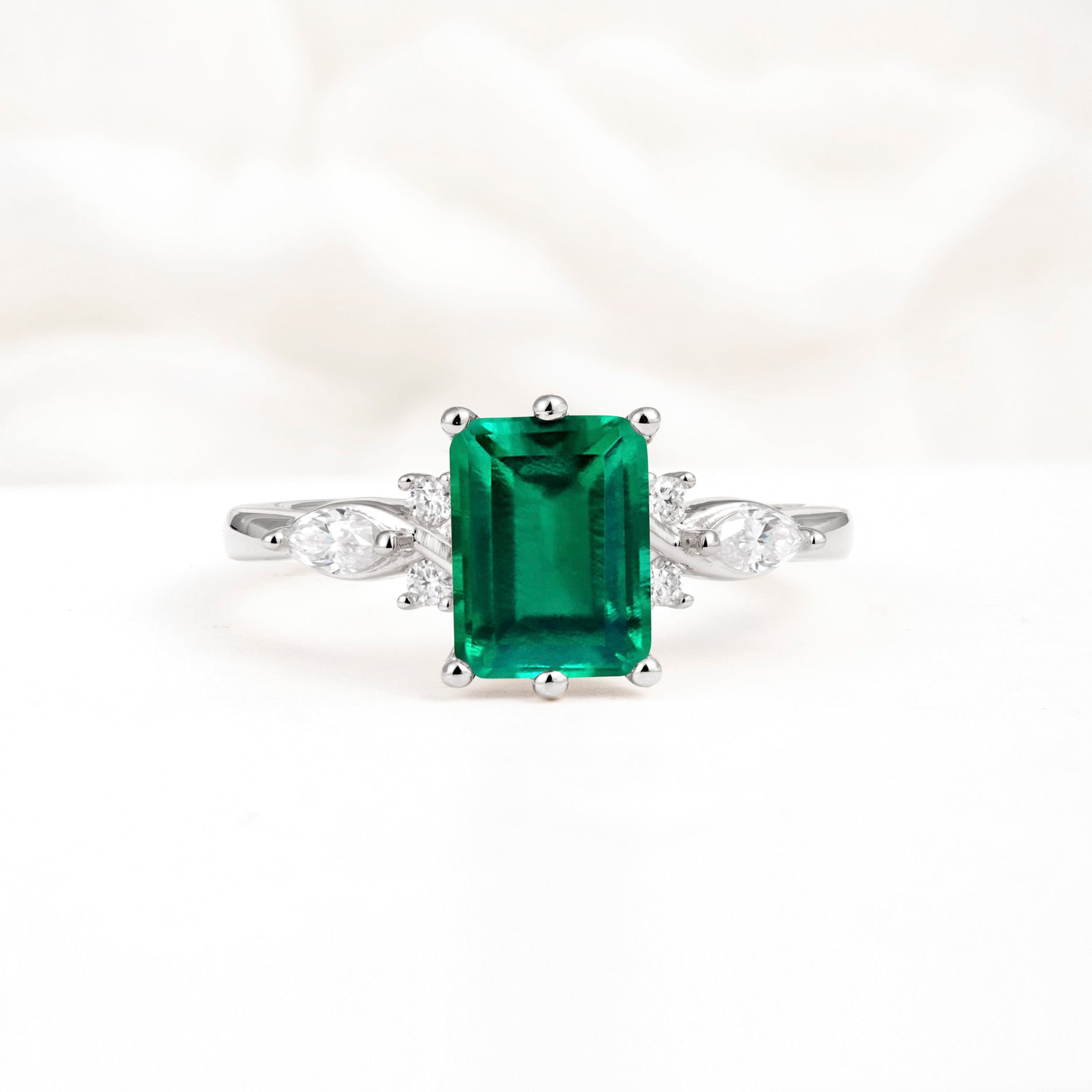 Classic Emerald Cut Leaf Side Accent Emerald Engagement Ring - Additional view