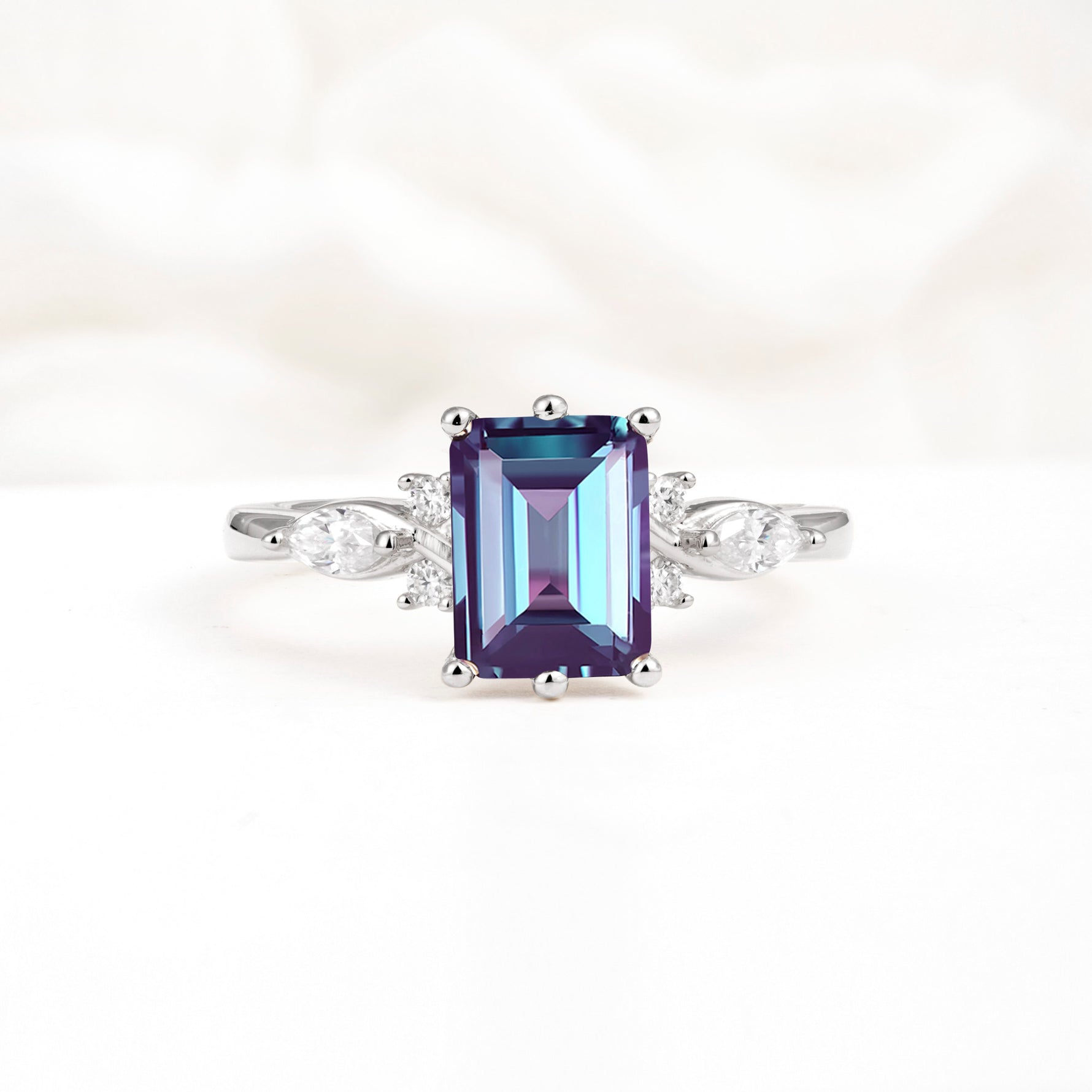 Classic Emerald Cut Leaf Side Accent Alexandrite Engagement Ring - Additional view