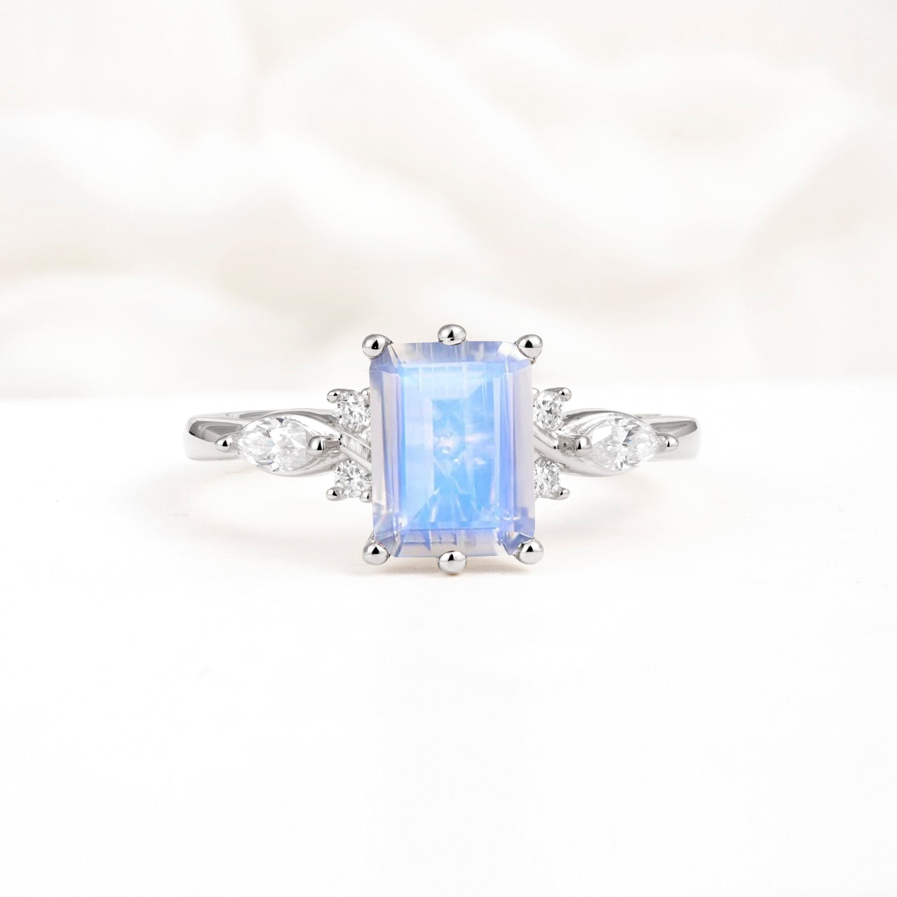Classic Emerald Cut Leaf Side Accent Moonstone Engagement Ring - Additional view