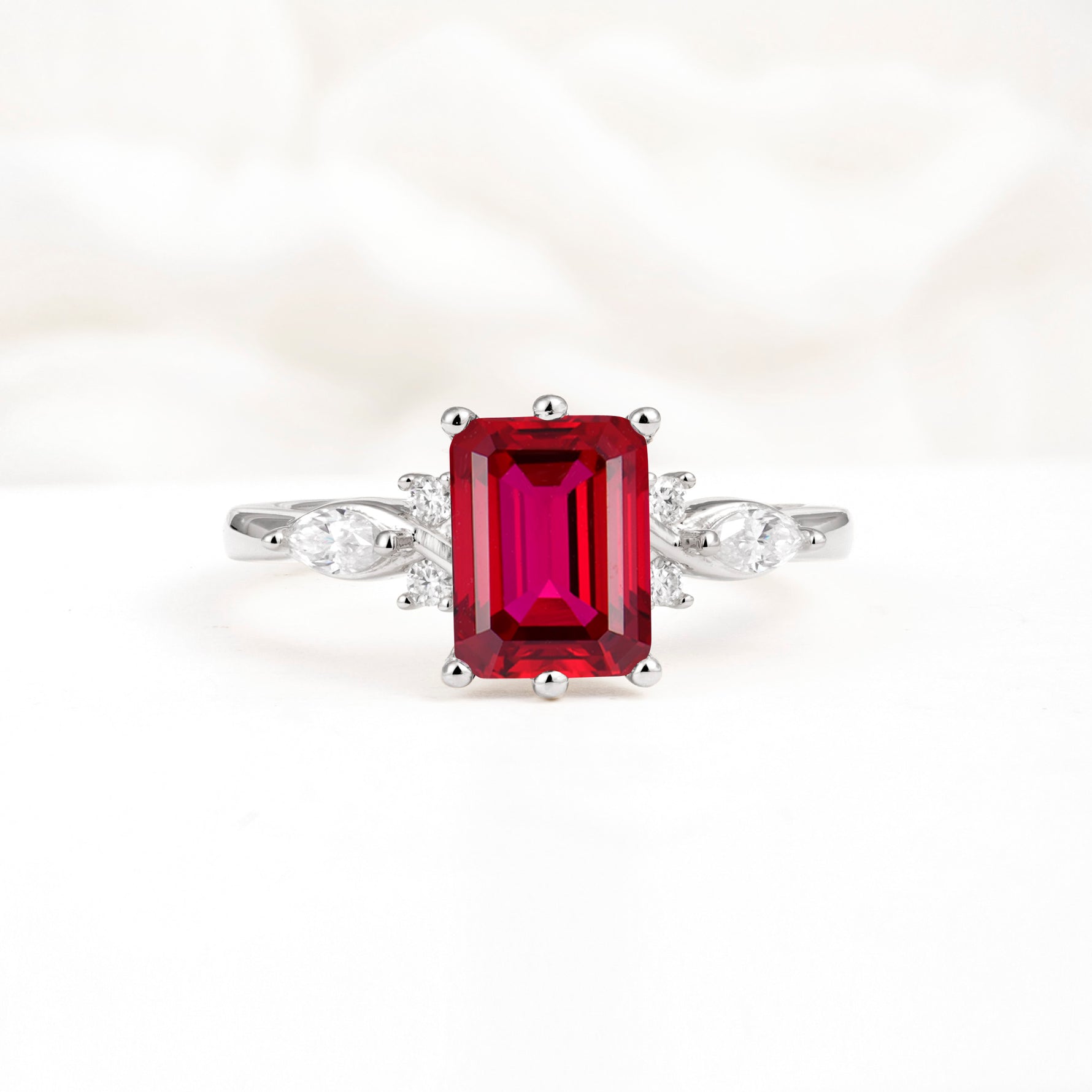 Classic Emerald Cut Leaf Side Accent Ruby Engagement Ring - Additional view