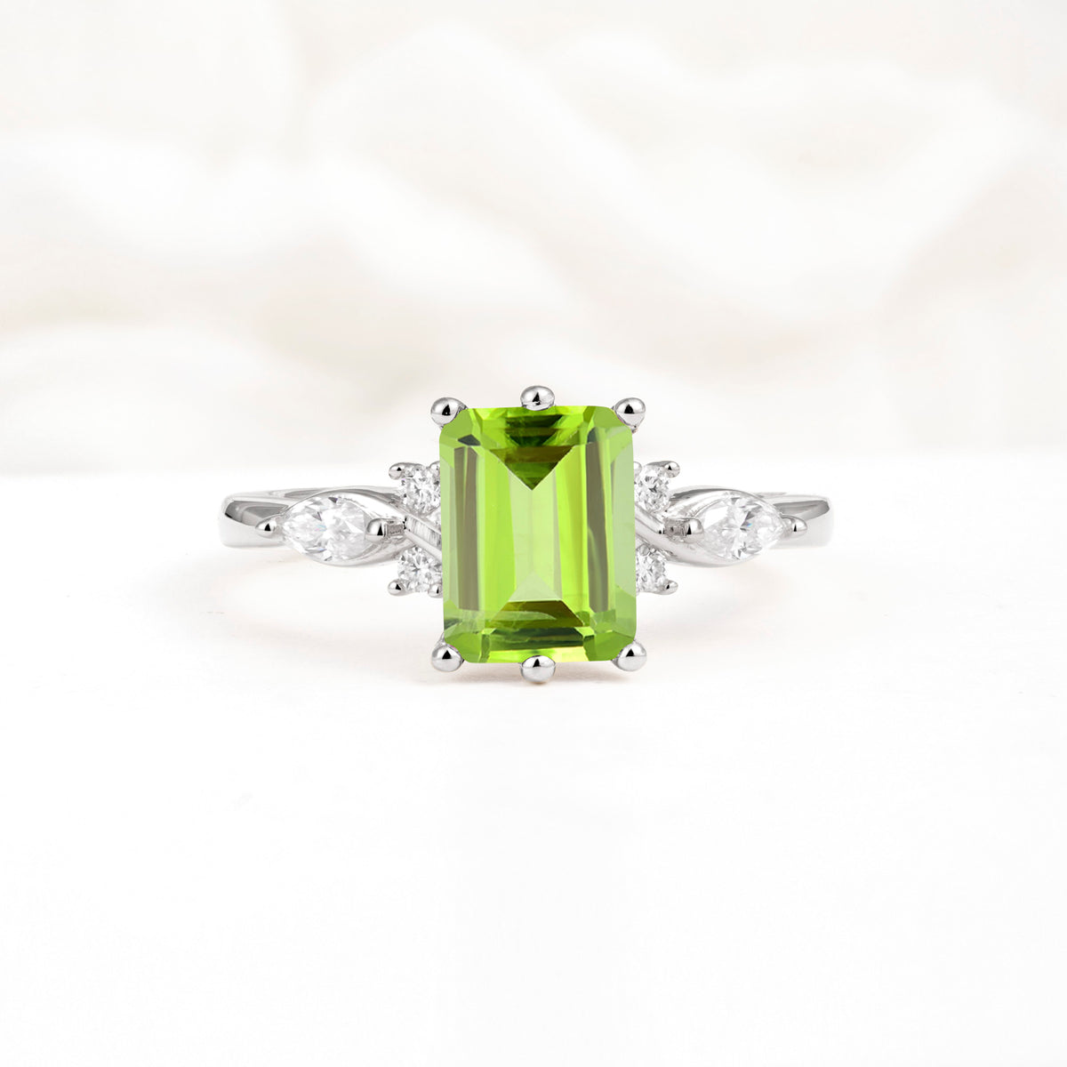 Classic Emerald Cut Leaf Side Accent Peridot Engagement Ring - Additional view