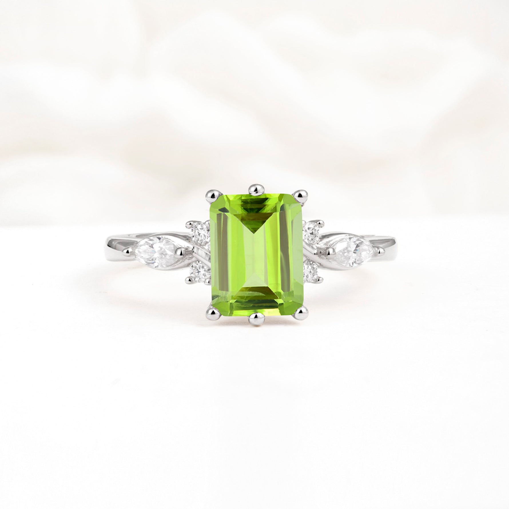 Classic Emerald Cut Leaf Side Accent Peridot Engagement Ring - Additional view