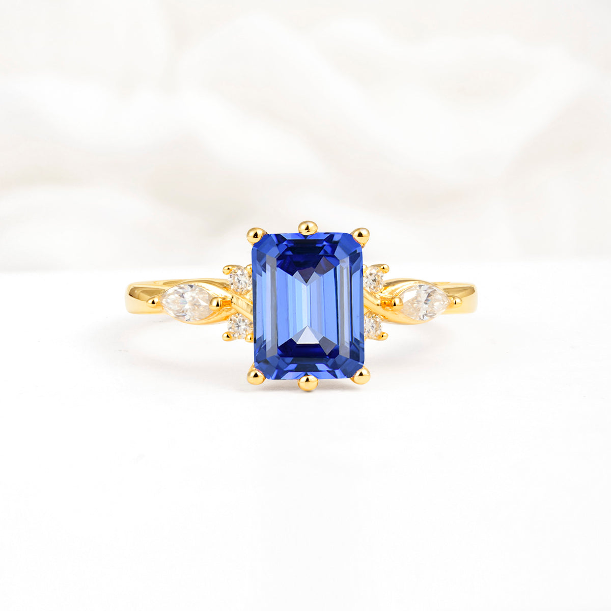 Classic Emerald Cut Leaf Side Accent Sapphire Engagement Ring - Additional view