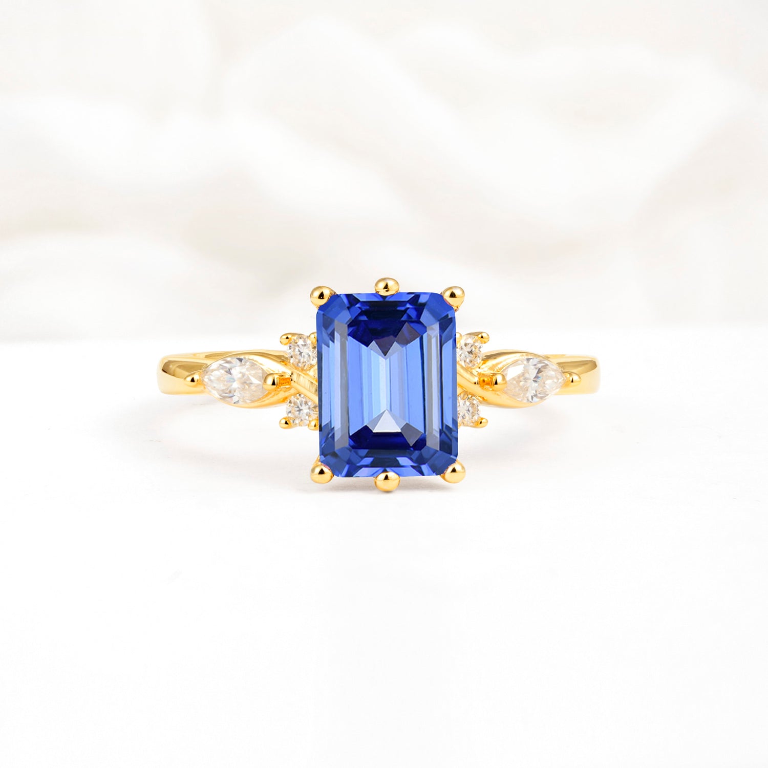 Classic Emerald Cut Leaf Side Accent Sapphire Engagement Ring - Additional view