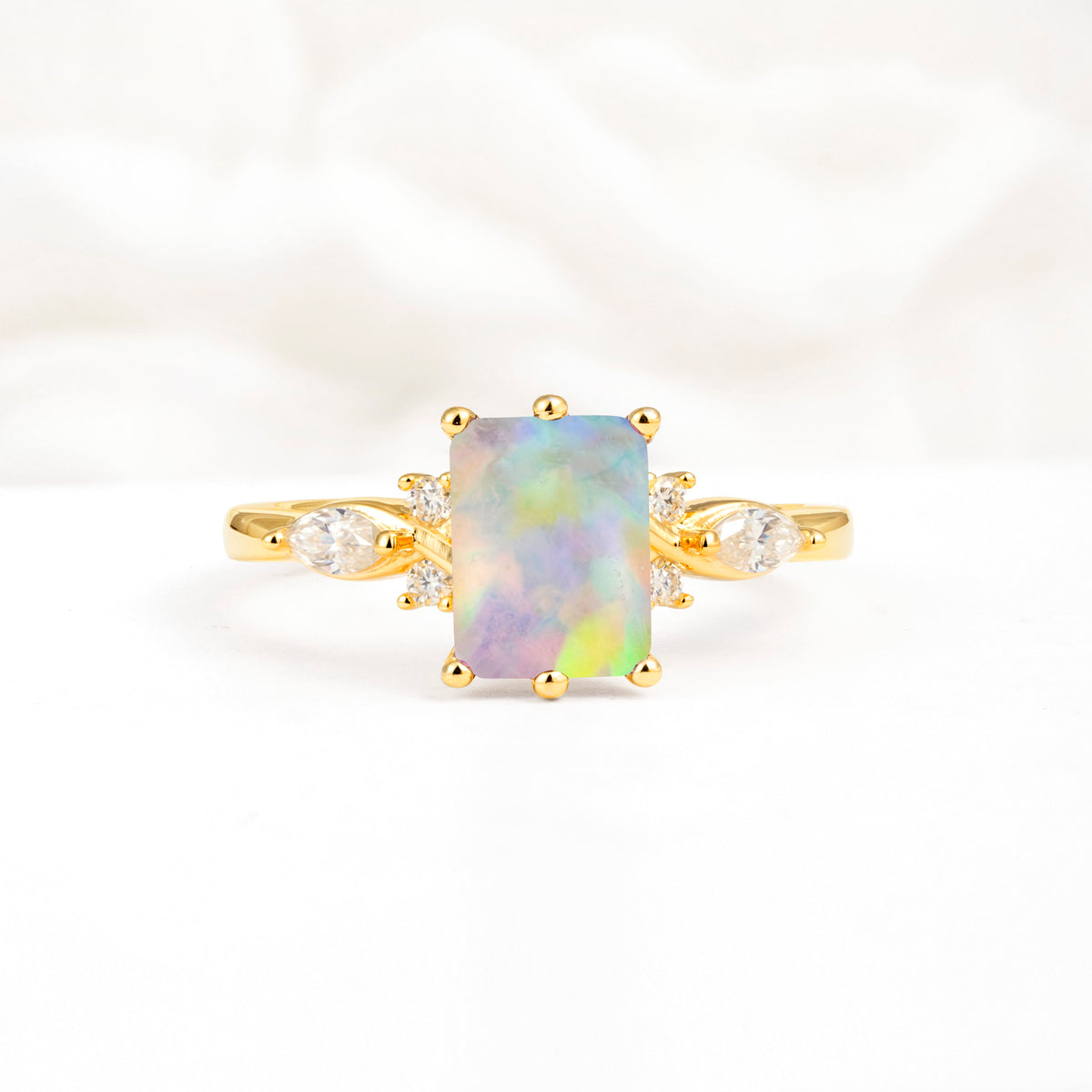 Classic Emerald Cut Leaf Side Accent Fire Opal Engagement Ring - Additional view
