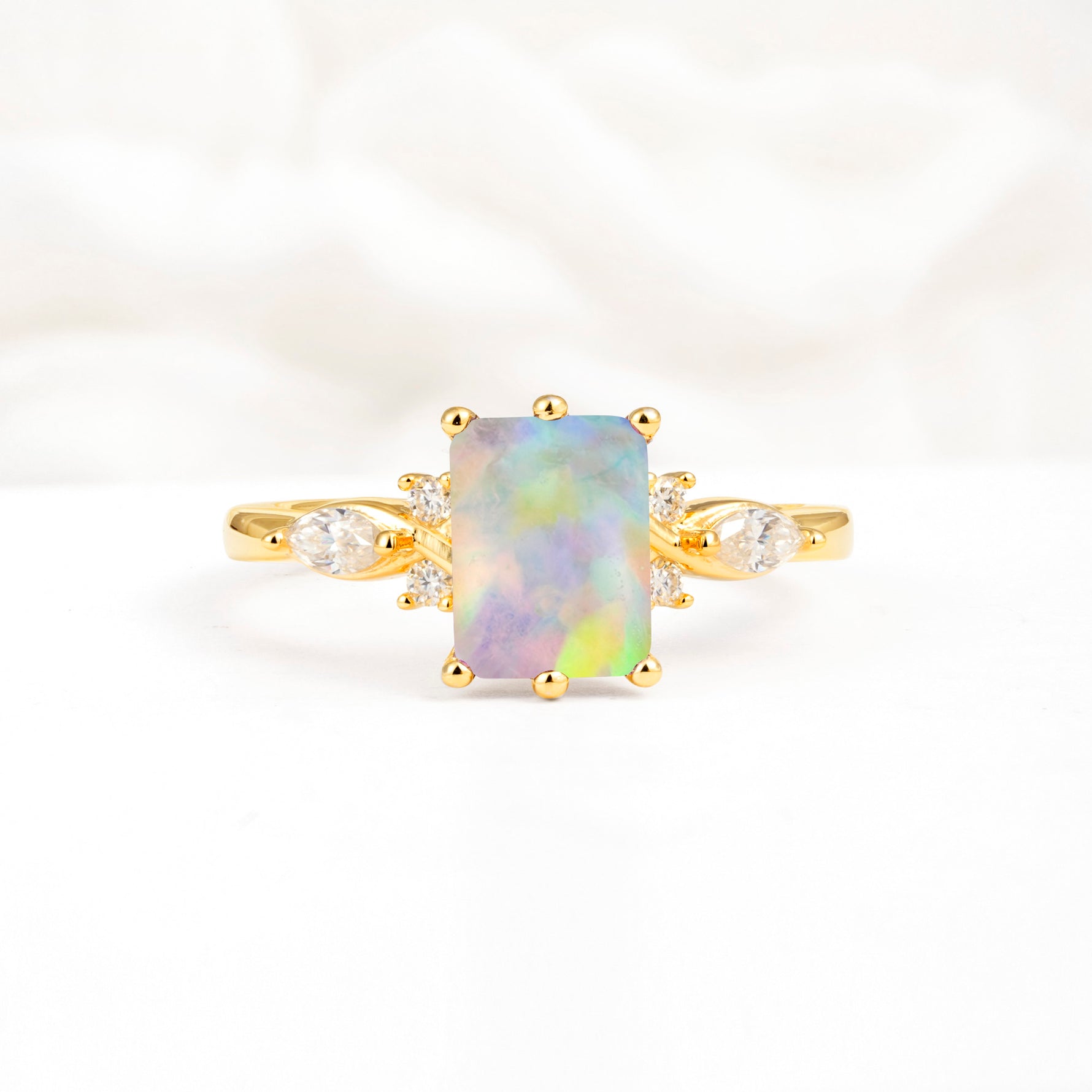 Classic Emerald Cut Leaf Side Accent Fire Opal Engagement Ring - Additional view