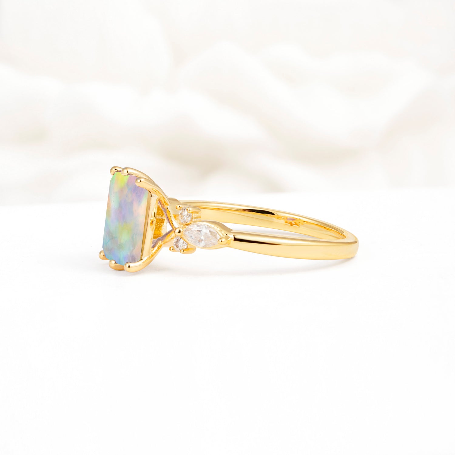 Classic Emerald Cut Leaf Side Accent Fire Opal Engagement Ring - Additional view