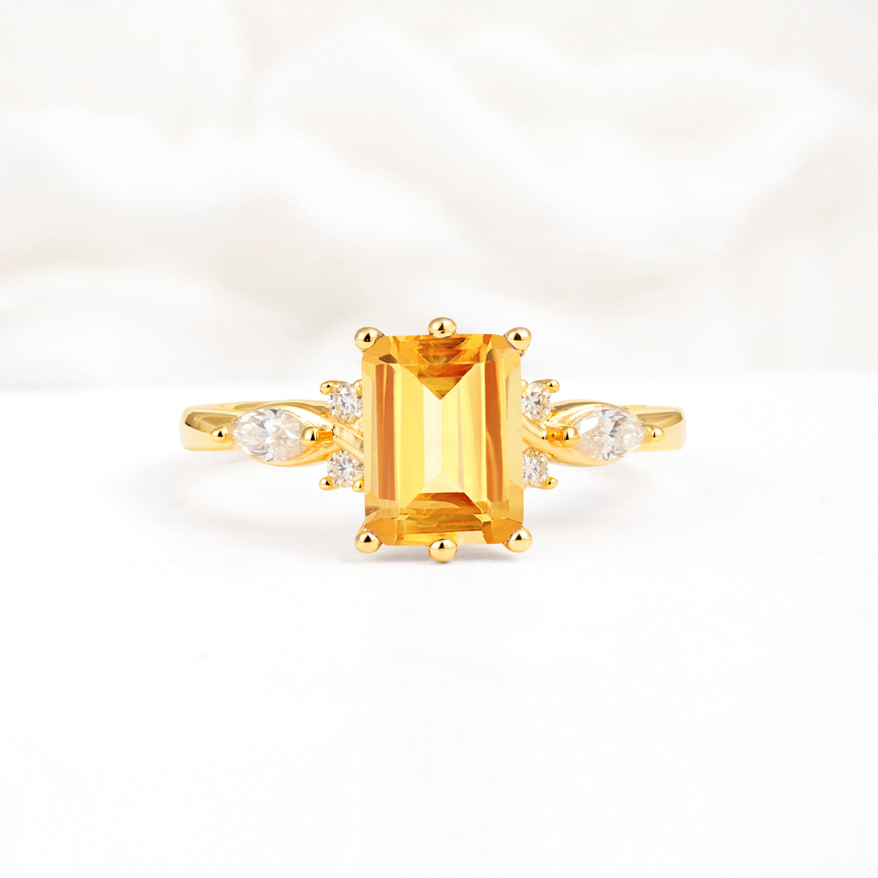 Classic Emerald Cut Leaf Side Accent Citrine Engagement Ring - Additional view