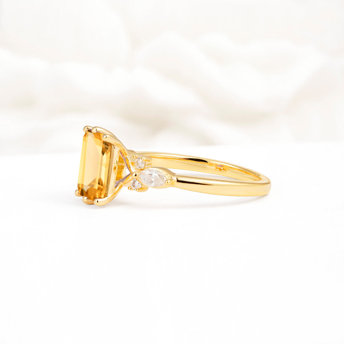 Classic Emerald Cut Leaf Side Accent Citrine Engagement Ring - Additional view