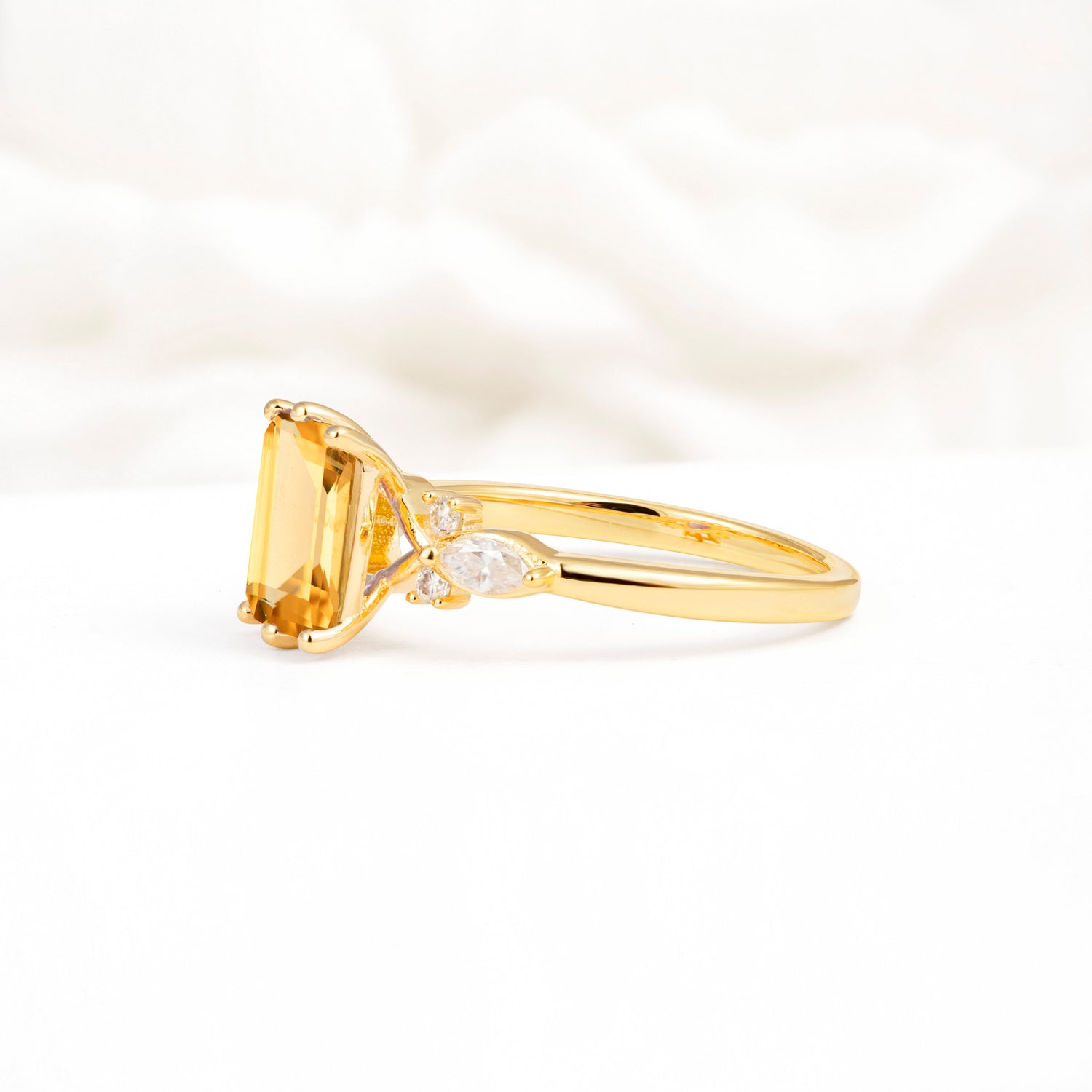 Classic Emerald Cut Leaf Side Accent Citrine Engagement Ring - Additional view