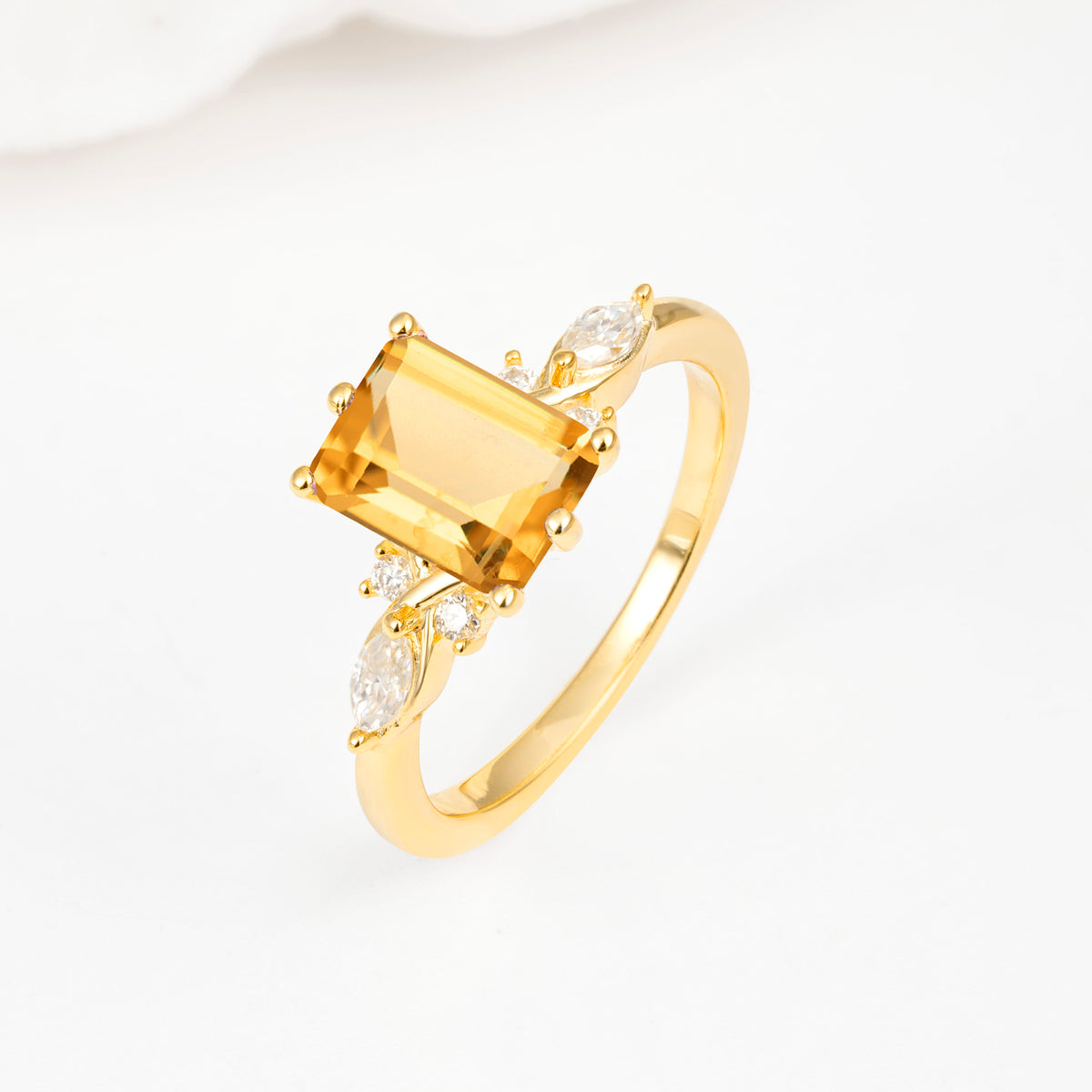 Classic Emerald Cut Leaf Side Accent Citrine Engagement Ring - Additional view