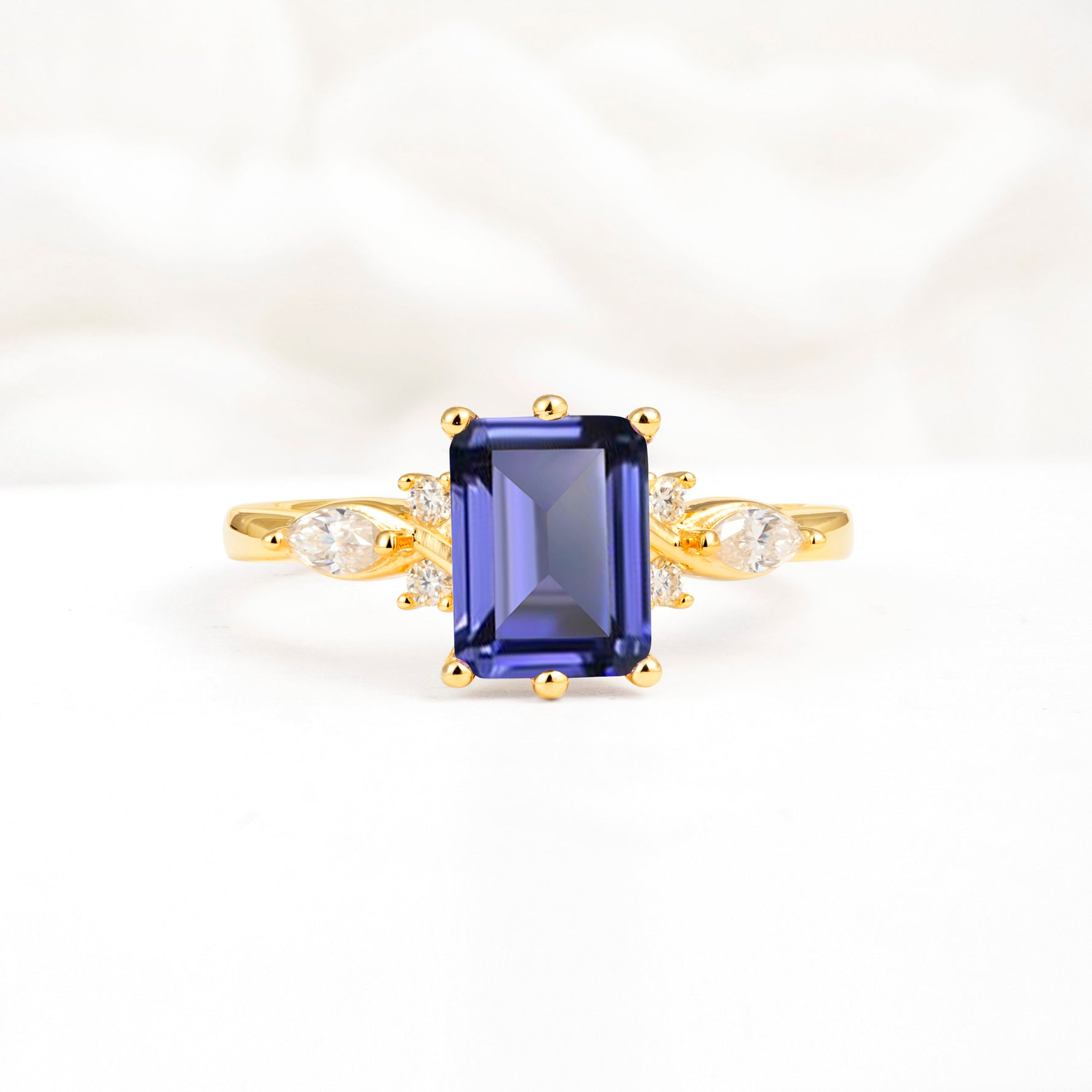 Classic Emerald Cut Leaf Side Accent Tanzanite Engagement Ring - Additional view