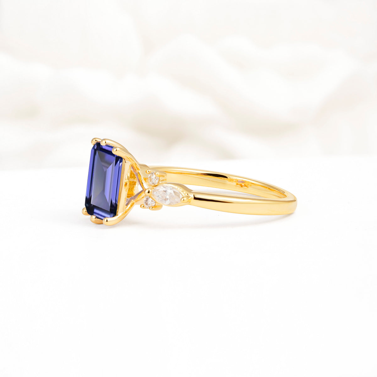 Classic Emerald Cut Leaf Side Accent Tanzanite Engagement Ring - Additional view