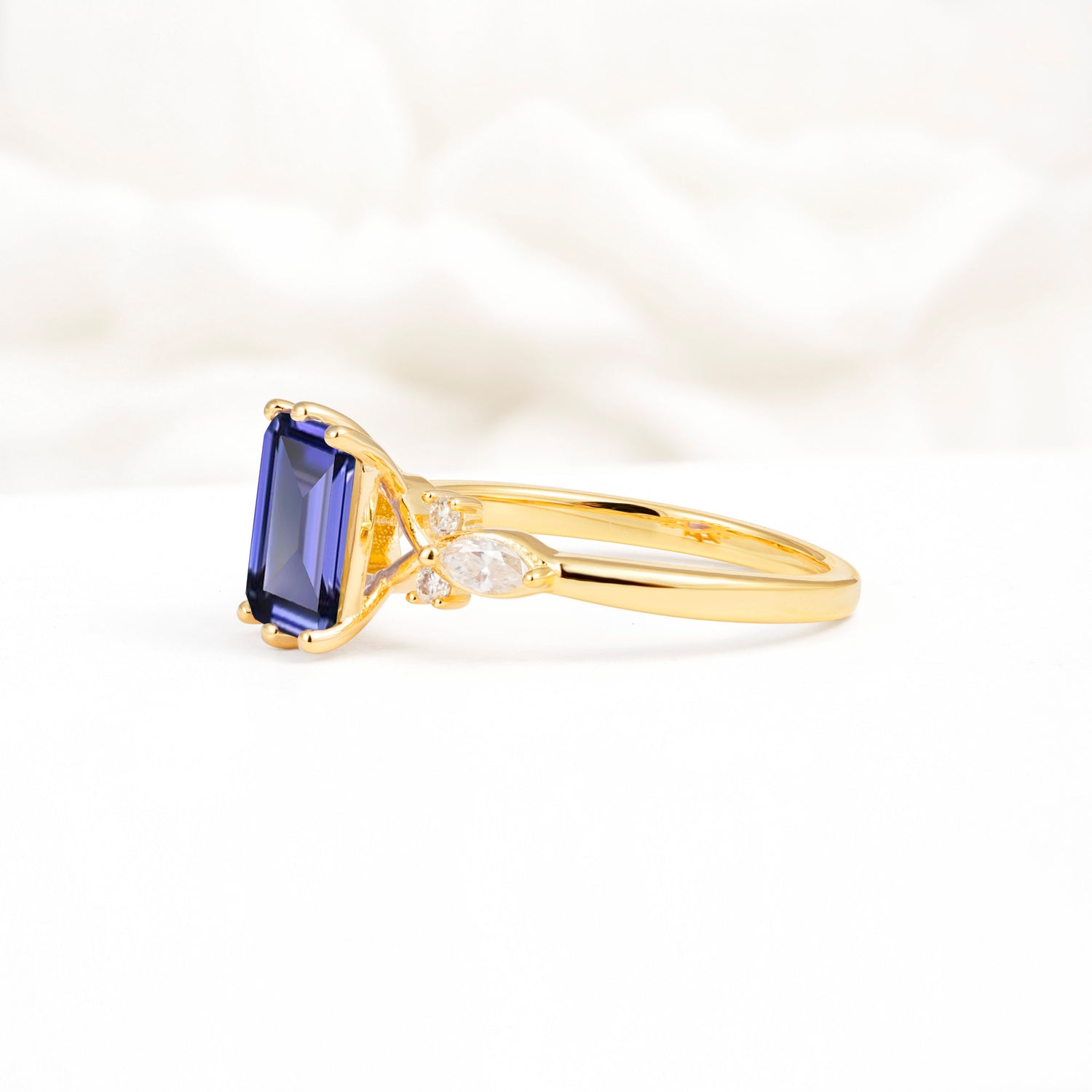 Classic Emerald Cut Leaf Side Accent Tanzanite Engagement Ring - Additional view