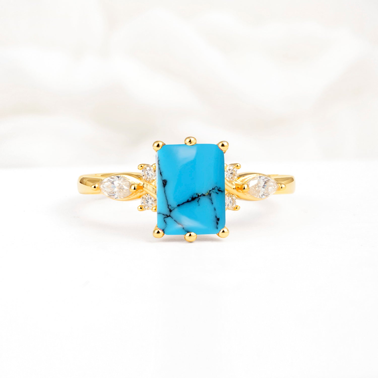 Classic Emerald Cut Leaf Side Accent Turquoise Engagement Ring - Additional view