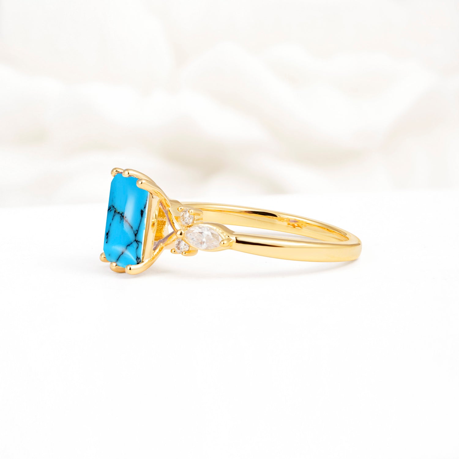 Classic Emerald Cut Leaf Side Accent Turquoise Engagement Ring - Additional view