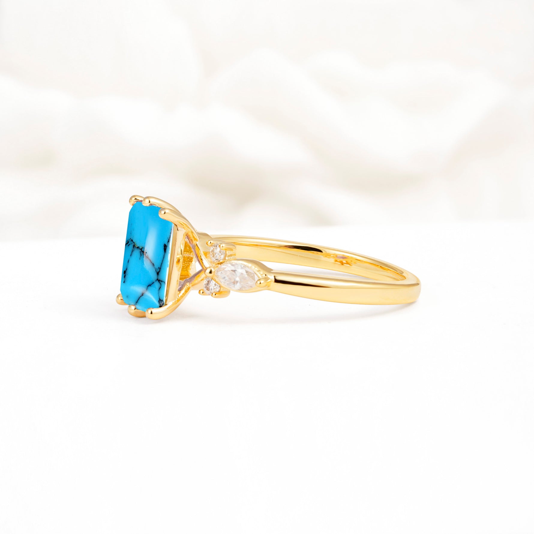Classic Emerald Cut Leaf Side Accent Turquoise Engagement Ring - Additional view