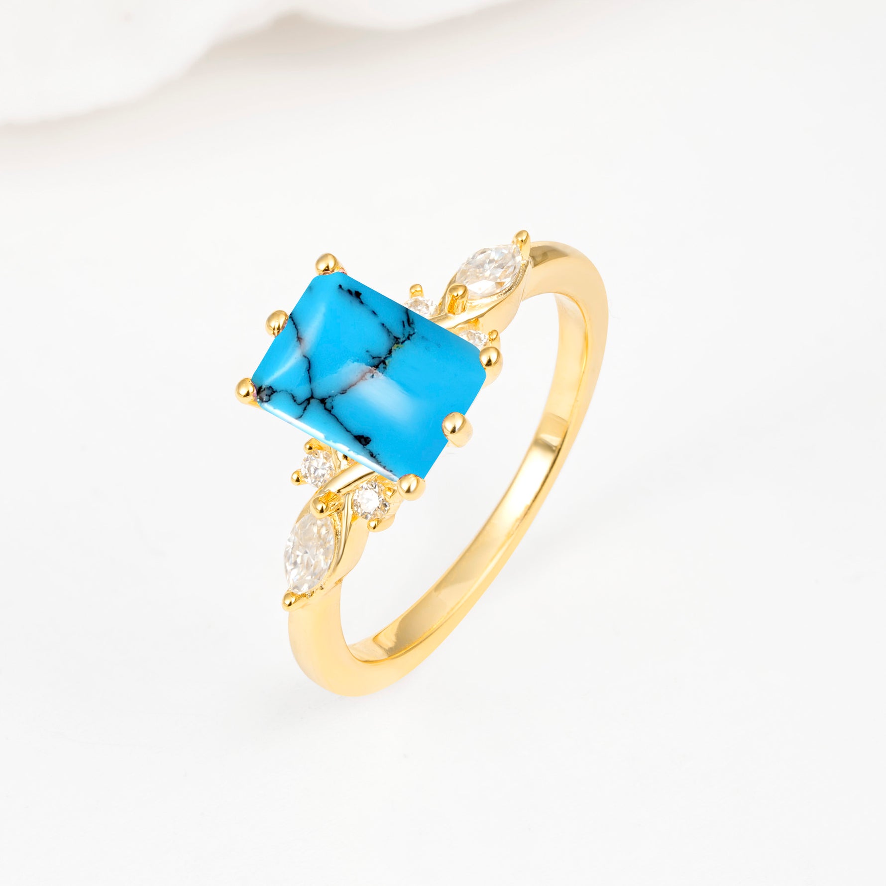 Classic Emerald Cut Leaf Side Accent Turquoise Engagement Ring - Additional view