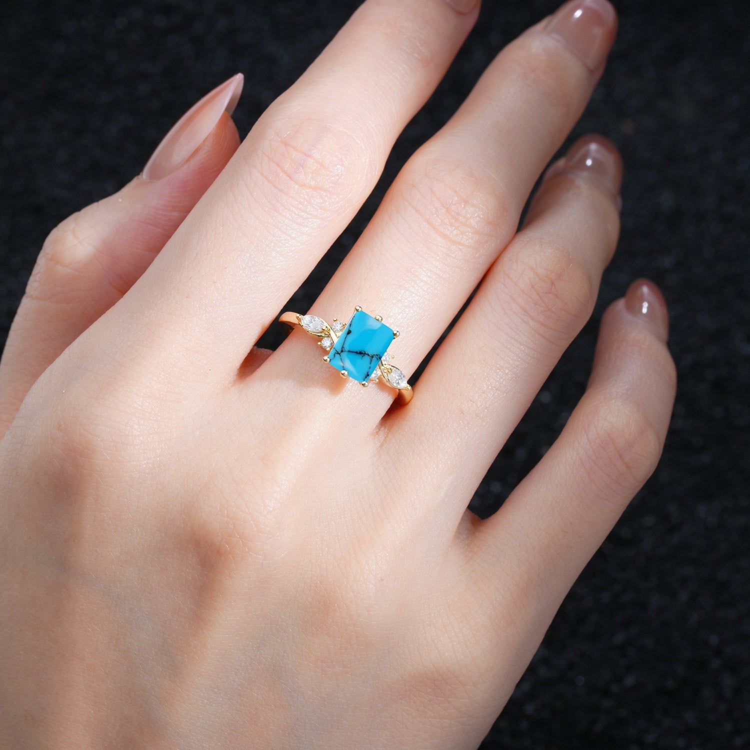 Classic Emerald Cut Leaf Side Accent Turquoise Engagement Ring