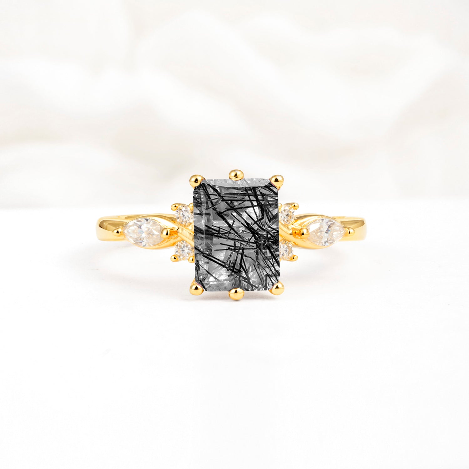 Classic Emerald Cut Leaf Side Accent Black Rutilated Quartz Engagement Ring - Additional view