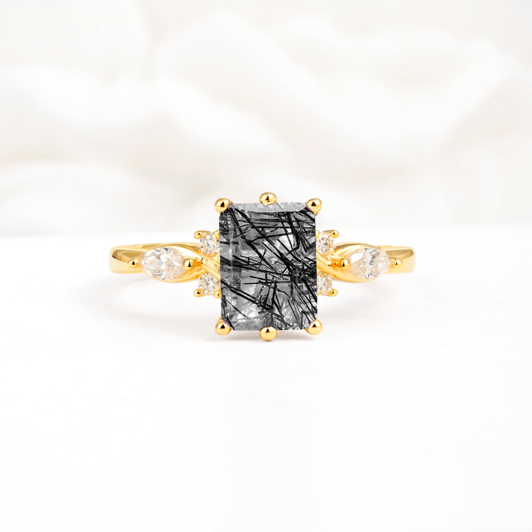 Classic Emerald Cut Leaf Side Accent Black Rutilated Quartz Engagement Ring - Additional view