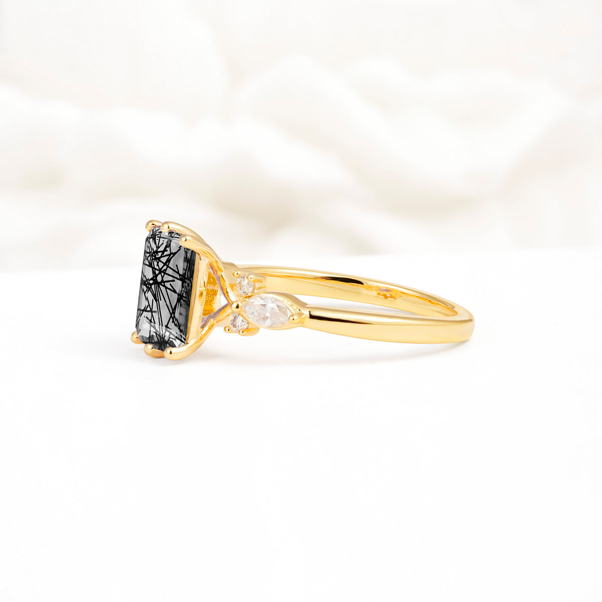 Classic Emerald Cut Leaf Side Accent Black Rutilated Quartz Engagement Ring - Additional view