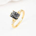 Classic Emerald Cut Leaf Side Accent Black Rutilated Quartz Engagement Ring - Additional view