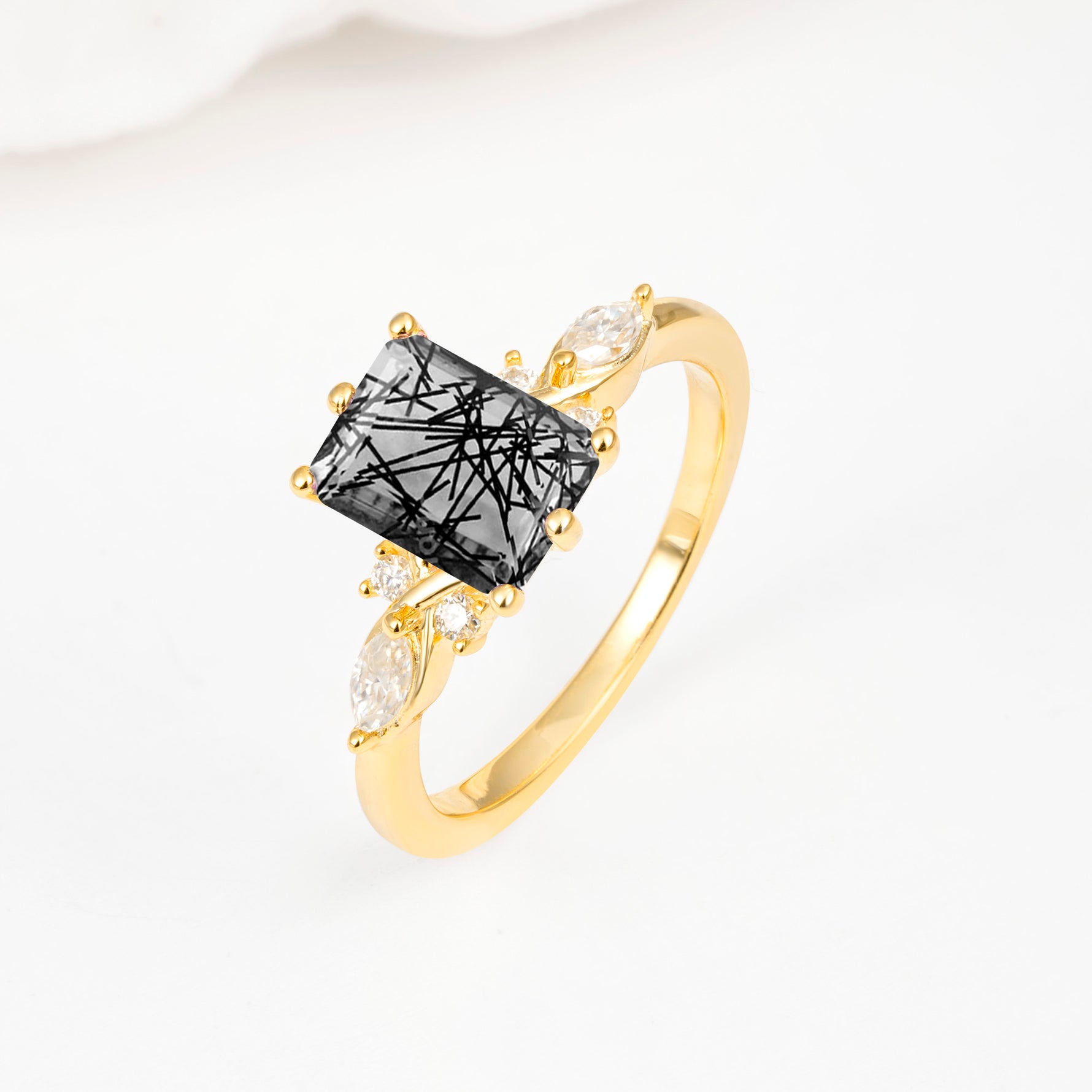 Classic Emerald Cut Leaf Side Accent Black Rutilated Quartz Engagement Ring - Additional view